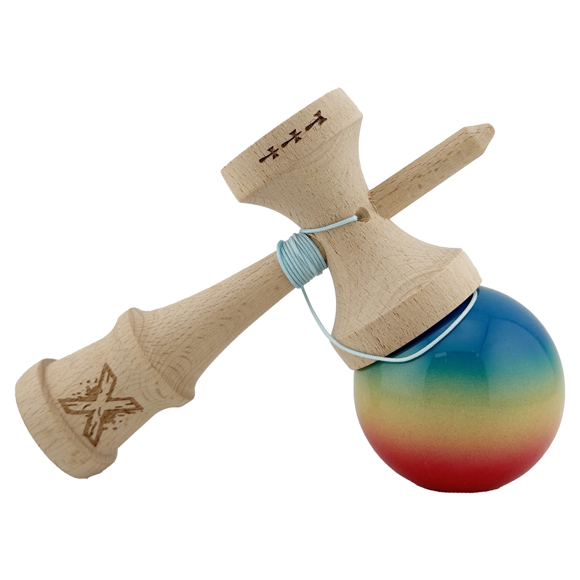 Kendama X Originala, Profesionala, Flippy, Big Cups V2, Super Sticky Cupe Mari, Rulment Metalic cu Ata 55 cm, Rosu/Galben/Albastru - imagine 4