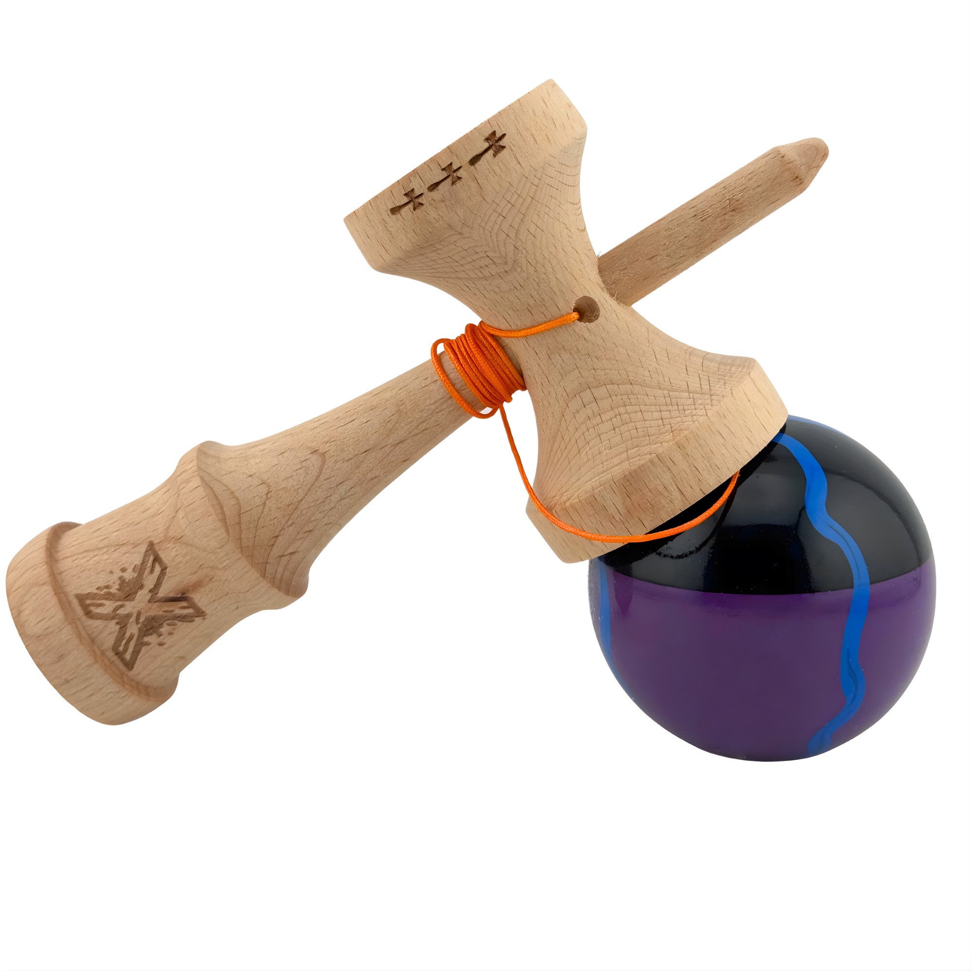 Kendama X Originala, Profesionala, Flippy, Big Cups V2, Super Sticky Cupe Mari, Rulment Metalic cu Ata 55 cm, Negru Mov cu Linii - imagine 2