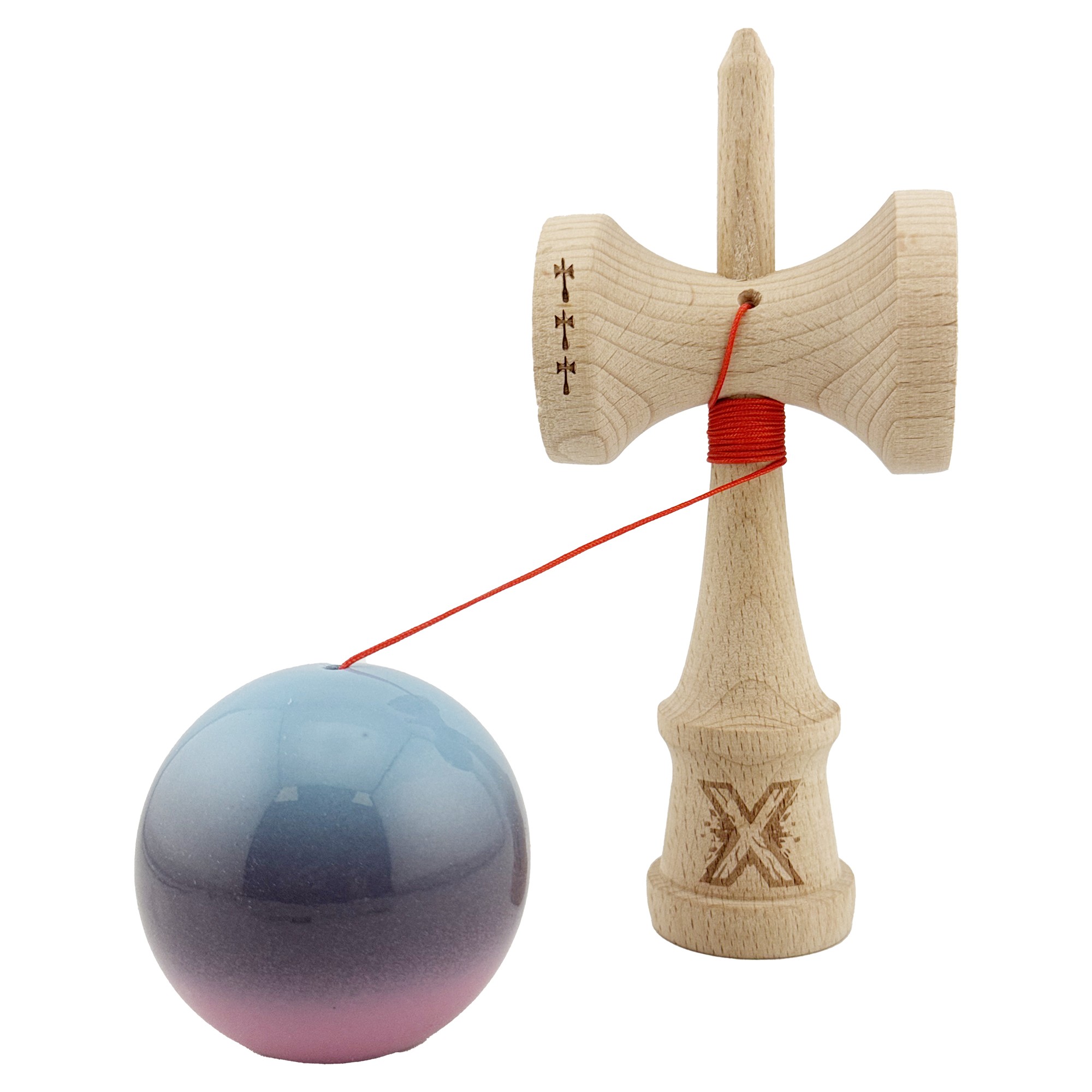 Kendama X Originala, Profesionala, Flippy, Big Cups V2, Super Sticky Cupe Mari, Rulment Metalic cu Ata 55 cm, Albastru Deschis/Mov/Roz - imagine 3