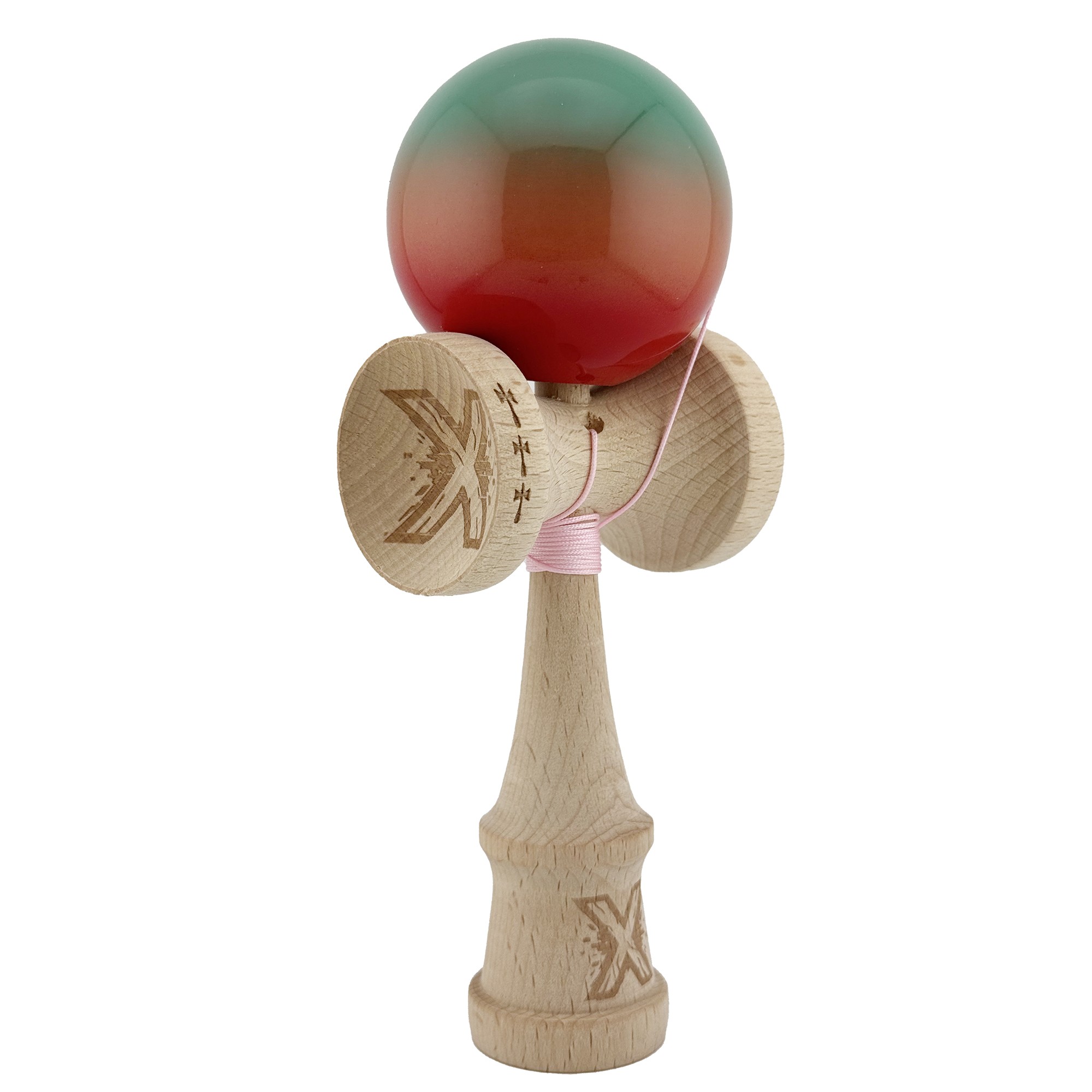 Kendama X Originala, Profesionala, Flippy, Big Cups V2, Super Sticky Cupe Mari, Rulment Metalic cu Ata 55 cm, Rosu/Verde - imagine 2