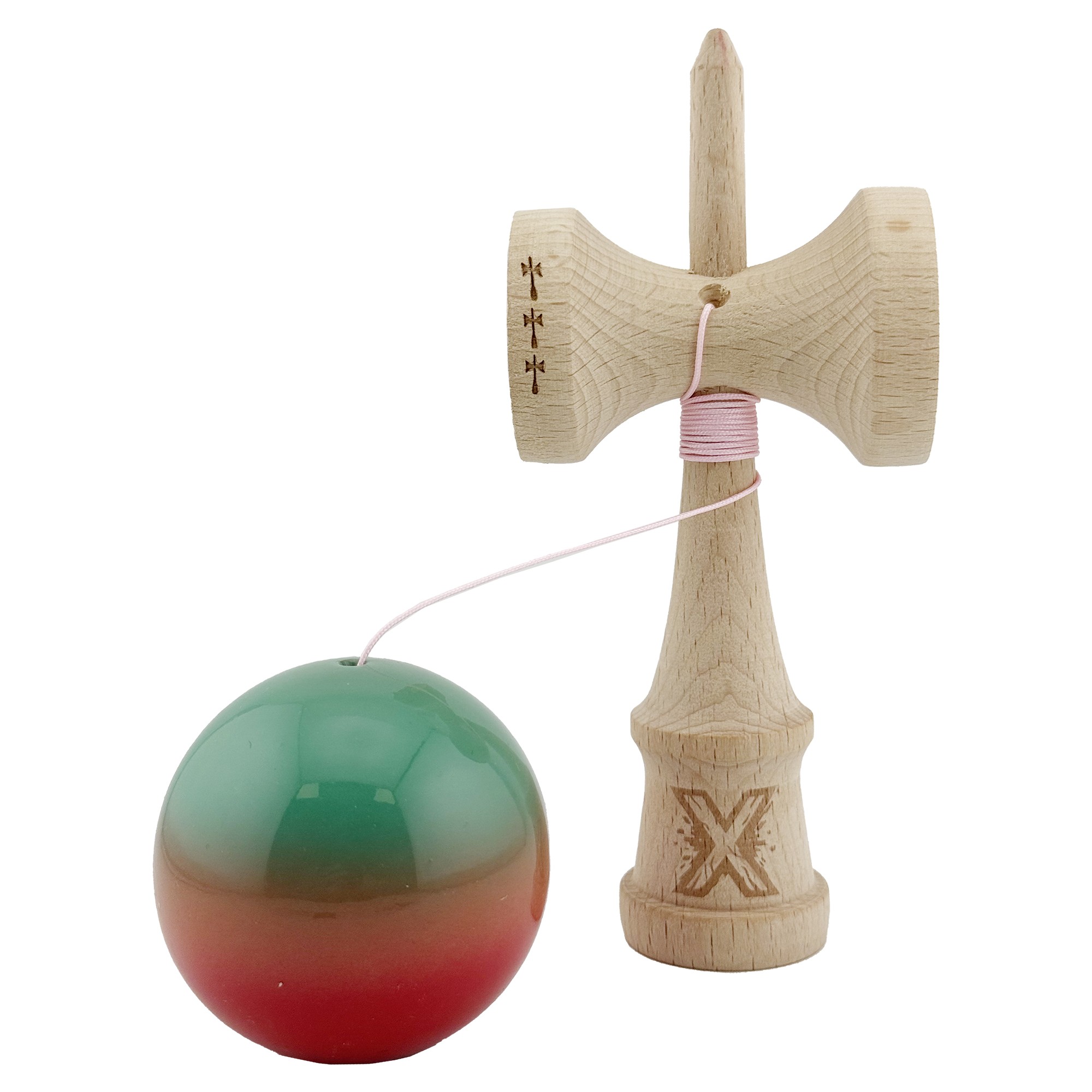 Kendama X Originala, Profesionala, Flippy, Big Cups V2, Super Sticky Cupe Mari, Rulment Metalic cu Ata 55 cm, Rosu/Verde - imagine 3