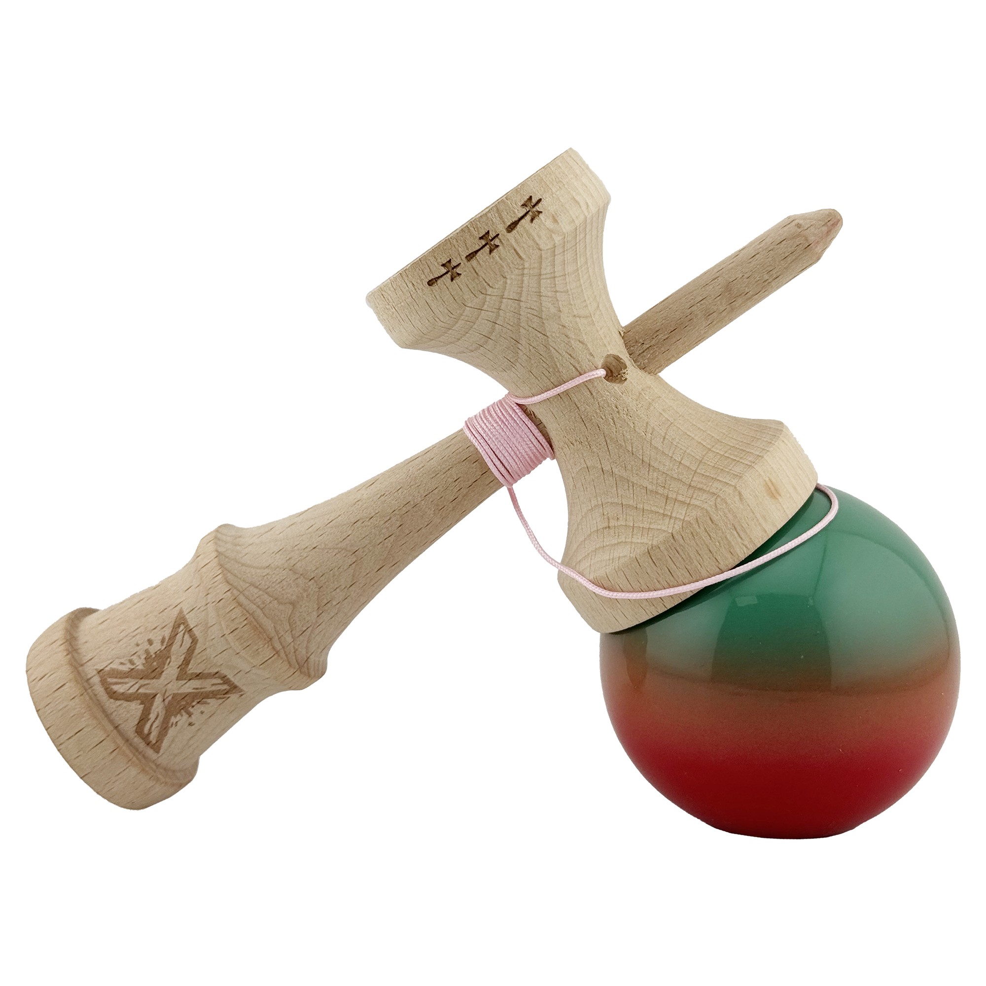 Kendama X Originala, Profesionala, Flippy, Big Cups V2, Super Sticky Cupe Mari, Rulment Metalic cu Ata 55 cm, Rosu/Verde - imagine 4