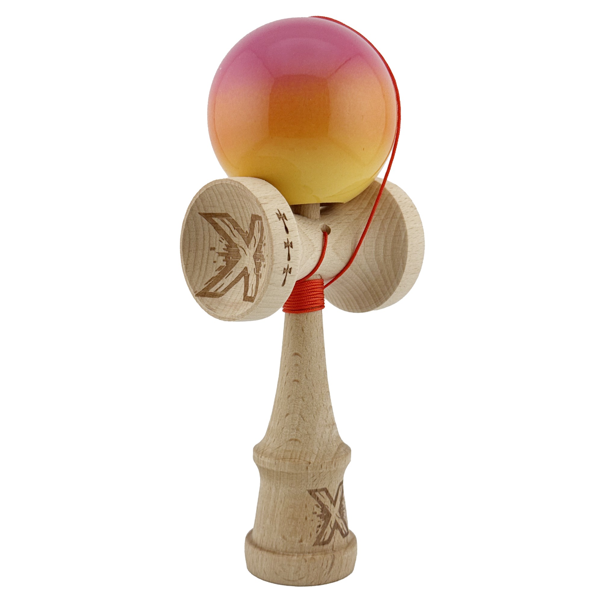 Kendama X Originala, Profesionala, Flippy, Big Cups V2, Super Sticky Cupe Mari, Rulment Metalic cu Ata 55 cm, Roz/Portocaliu/Galben - imagine 2
