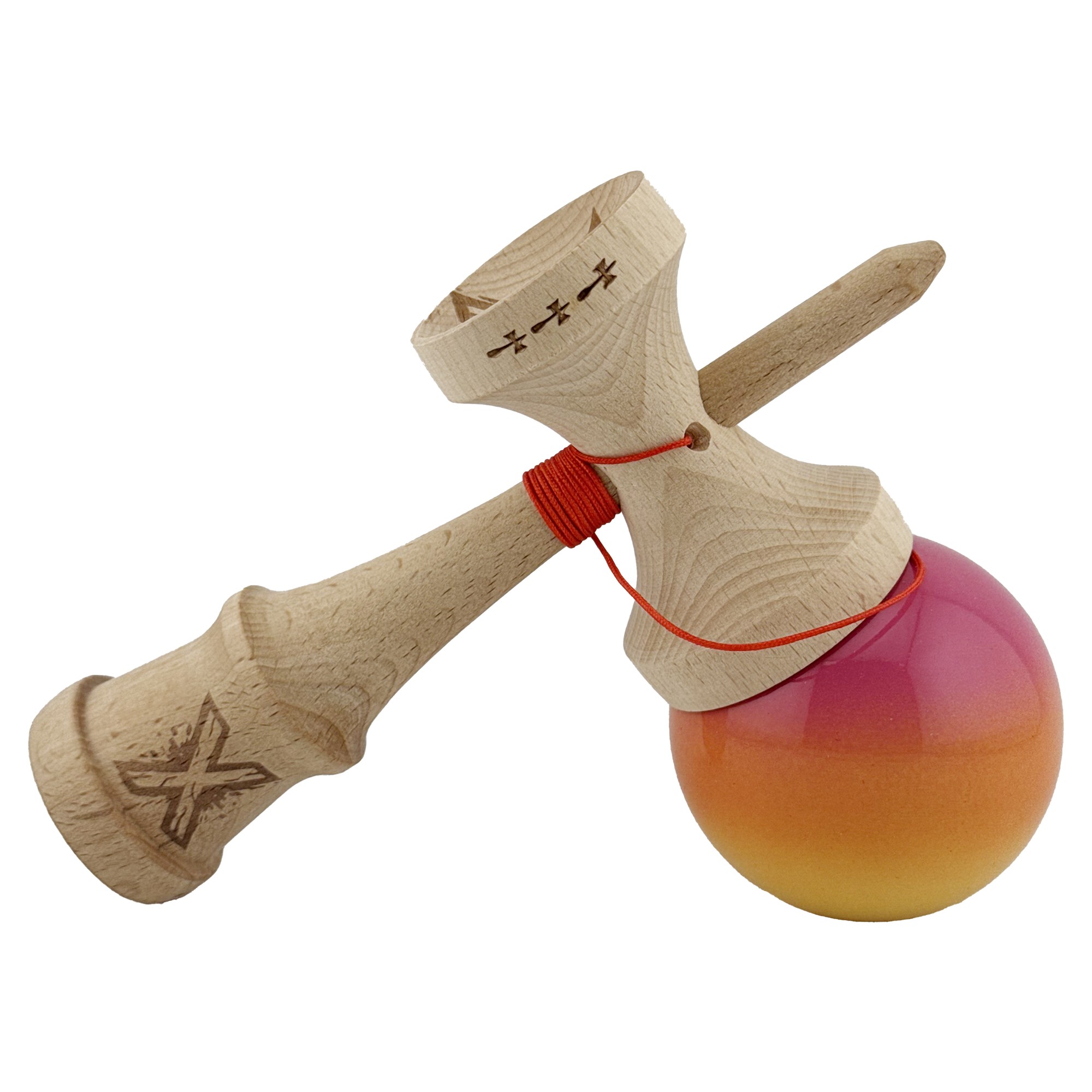 Kendama X Originala, Profesionala, Flippy, Big Cups V2, Super Sticky Cupe Mari, Rulment Metalic cu Ata 55 cm, Roz/Portocaliu/Galben - imagine 4