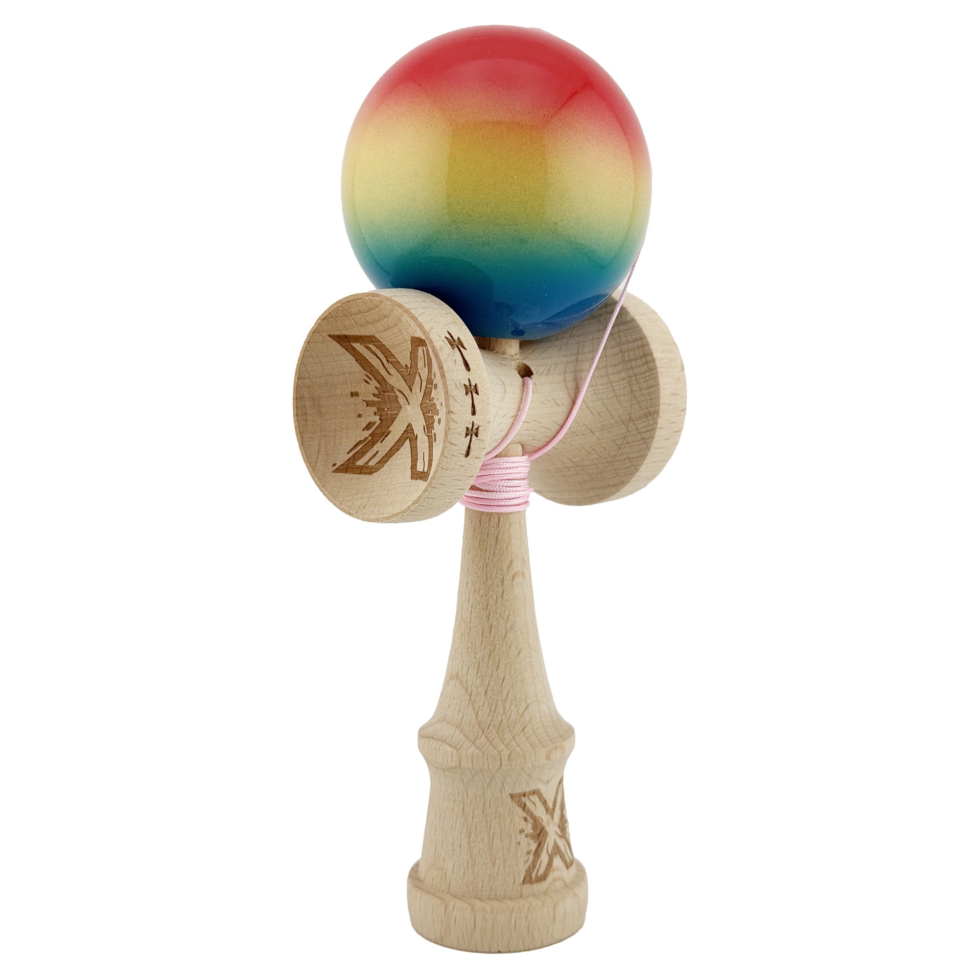 Kendama X Originala, Profesionala, Flippy, Big Cups V2, Super Sticky Cupe Mari, Rulment Metalic cu Ata 55 cm, Rosu/Galben/Albastru - imagine 2