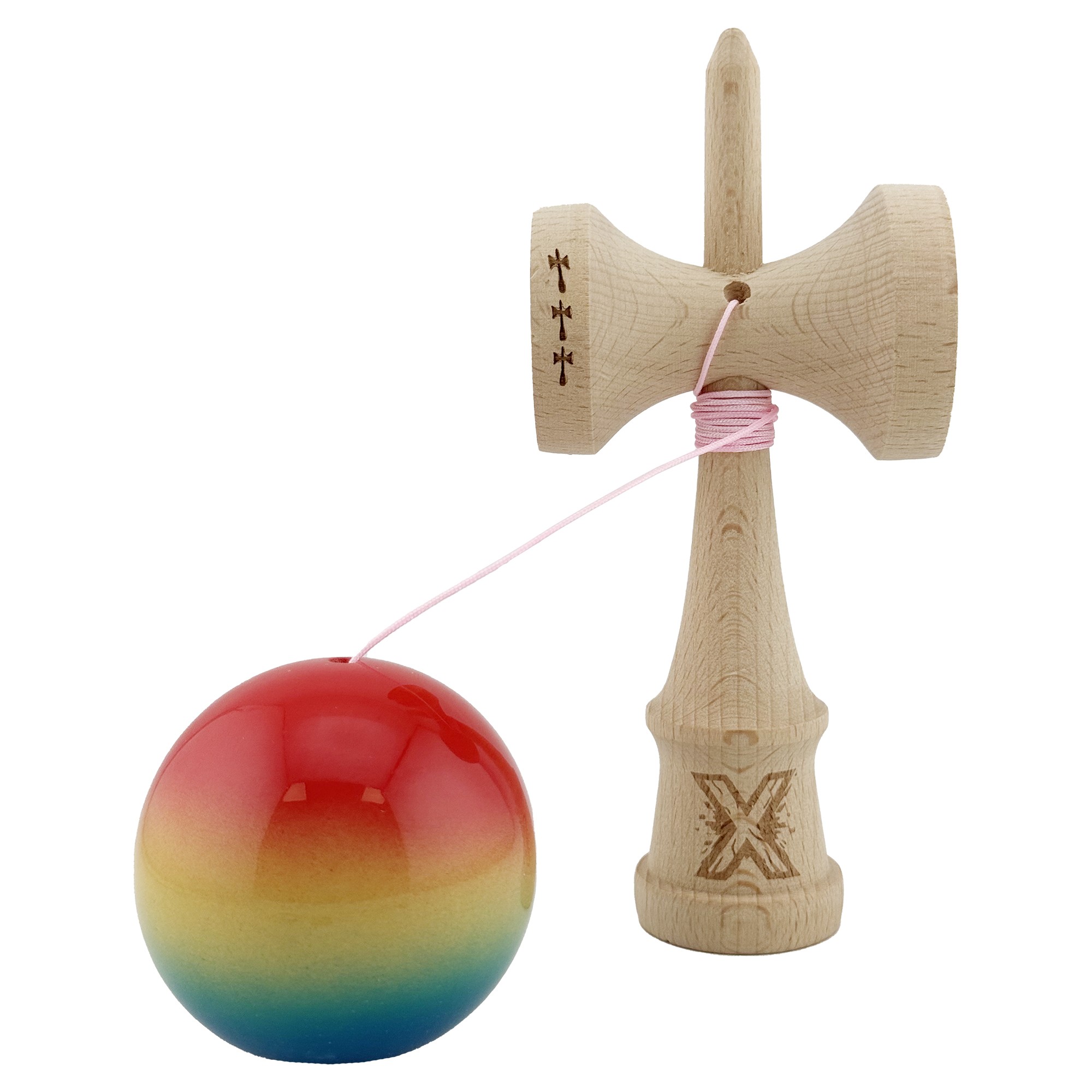 Kendama X Originala, Profesionala, Flippy, Big Cups V2, Super Sticky Cupe Mari, Rulment Metalic cu Ata 55 cm, Rosu/Galben/Albastru - imagine 3