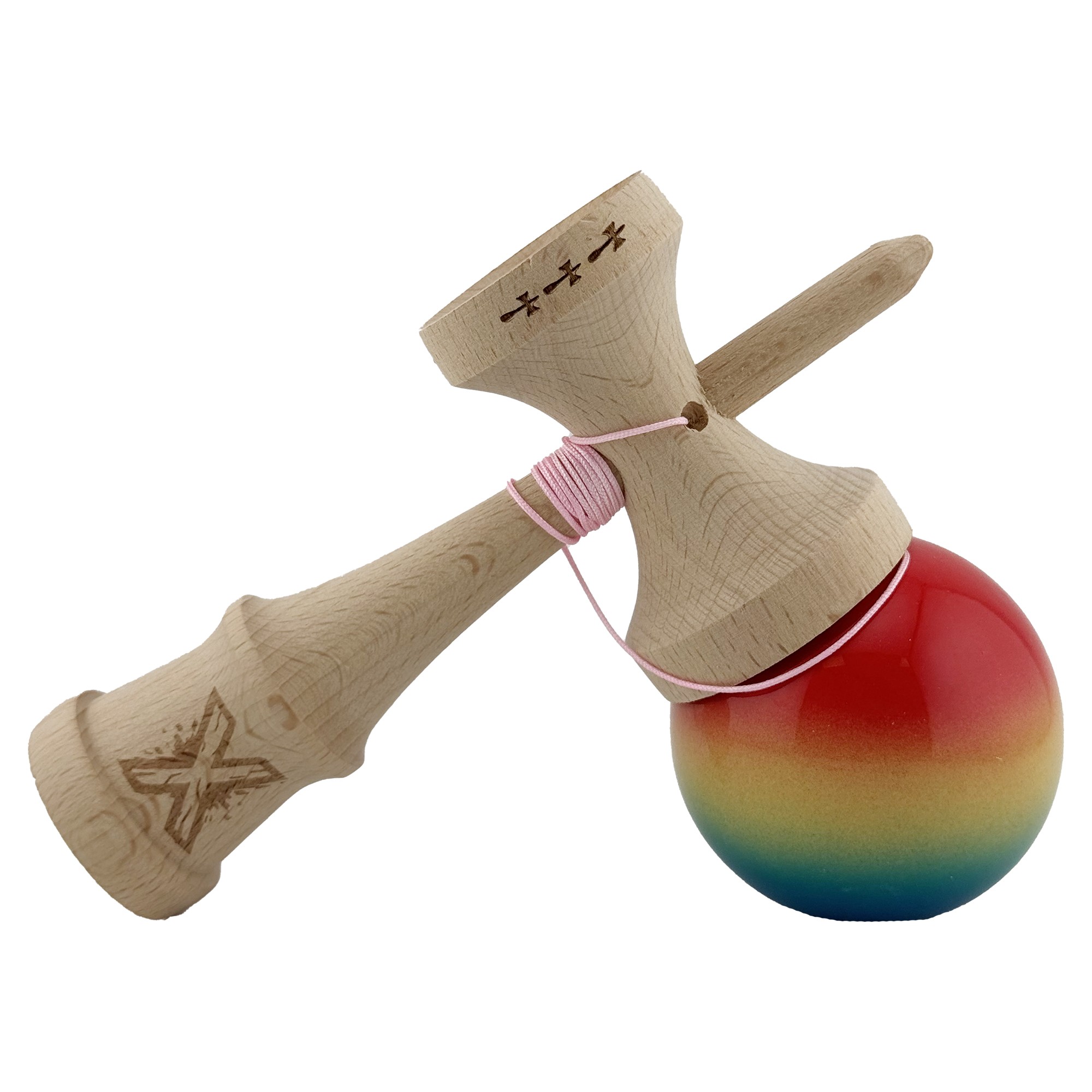 Kendama X Originala, Profesionala, Flippy, Big Cups V2, Super Sticky Cupe Mari, Rulment Metalic cu Ata 55 cm, Rosu/Galben/Albastru - imagine 4