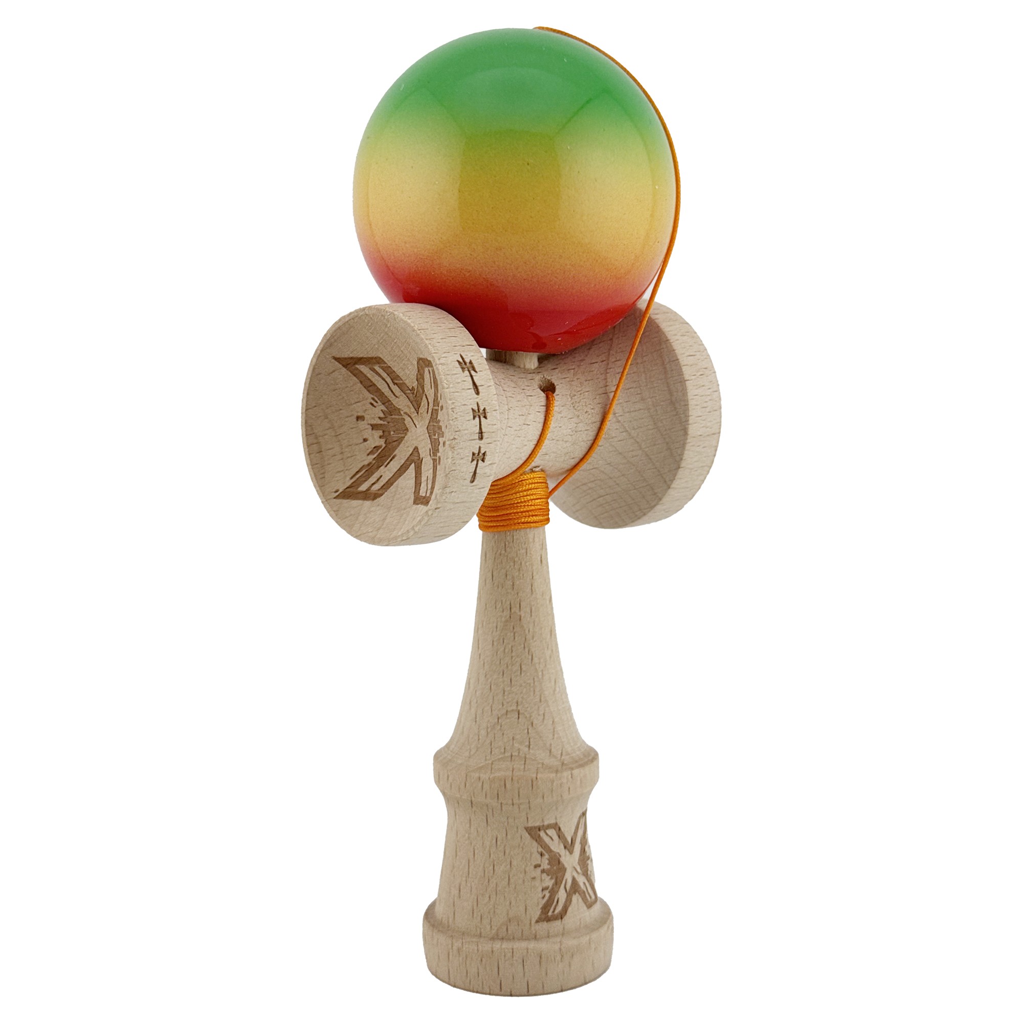 Kendama X Originala, Profesionala, Flippy, Big Cups V2, Super Sticky Cupe Mari, Rulment Metalic cu Ata 55 cm, Verde/Galben/Rosu - imagine 2
