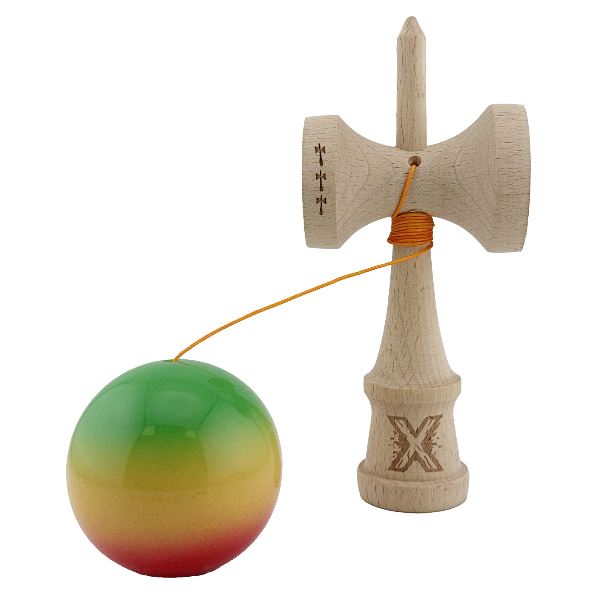 Kendama X Originala, Profesionala, Flippy, Big Cups V2, Super Sticky Cupe Mari, Rulment Metalic cu Ata 55 cm, Verde/Galben/Rosu - imagine 3