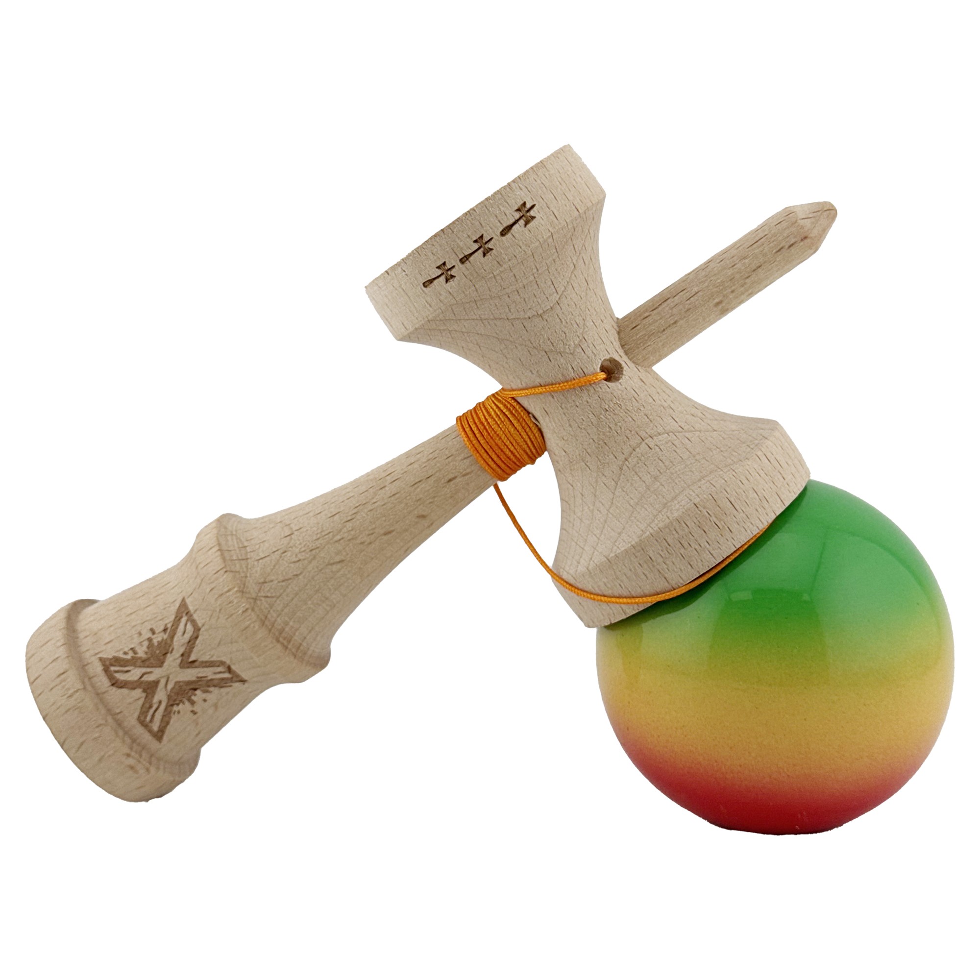 Kendama X Originala, Profesionala, Flippy, Big Cups V2, Super Sticky Cupe Mari, Rulment Metalic cu Ata 55 cm, Verde/Galben/Rosu - imagine 4
