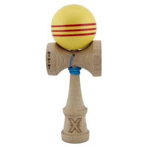 Kendama X Originala, Profesionala, Flippy, Big Cups V2, Super Sticky Legendary Cupe Mari, Rulment Metalic cu Ata 55 cm, Galben/Linii Rosii