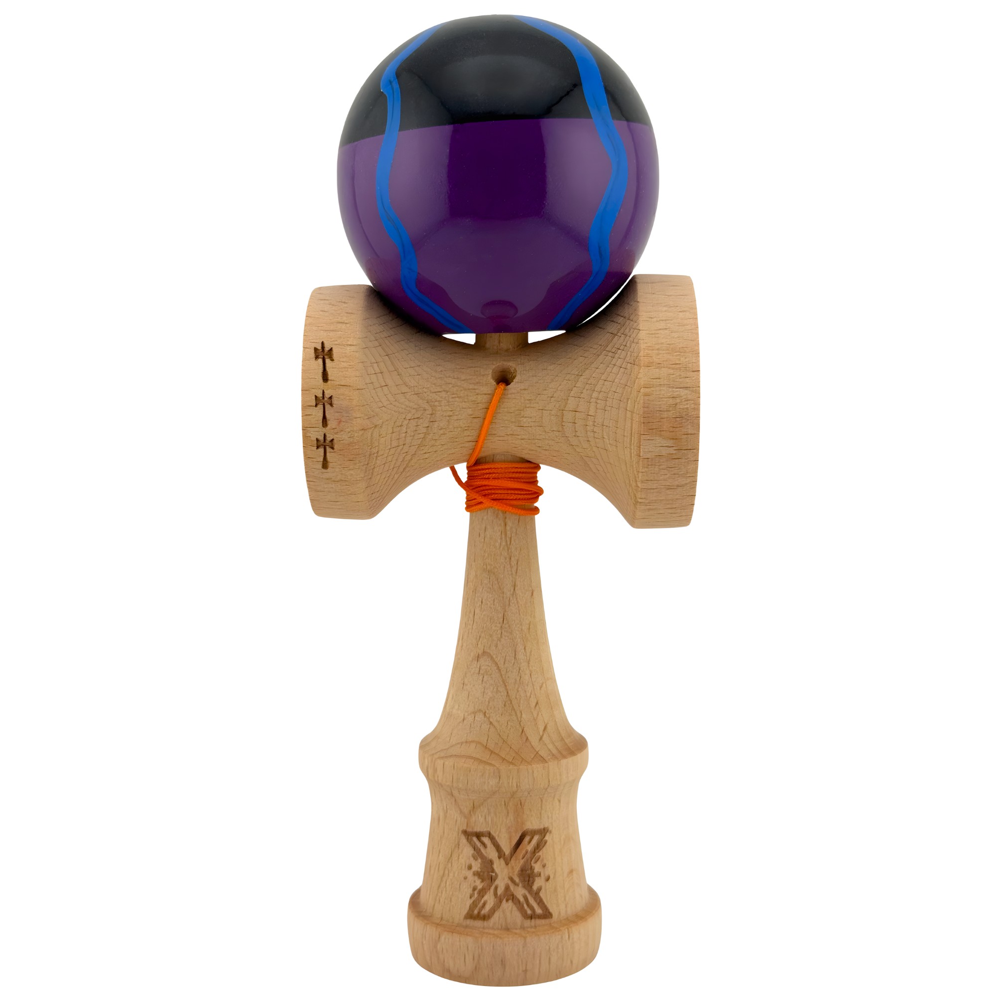 Kendama X Originala, Profesionala, Flippy, Big Cups V2, Super Sticky Cupe Mari, Rulment Metalic cu Ata 55 cm, Negru Mov cu Linii