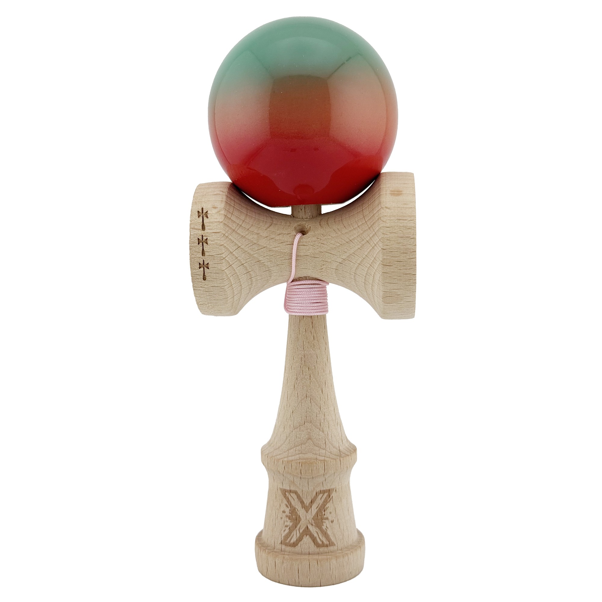 Kendama X Originala, Profesionala, Flippy, Big Cups V2, Super Sticky Cupe Mari, Rulment Metalic cu Ata 55 cm, Rosu/Verde