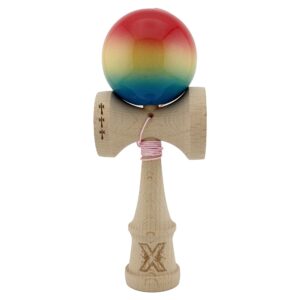 Kendama X Originala, Profesionala, Flippy, Big Cups V2, Super Sticky Cupe Mari, Rulment Metalic cu Ata 55 cm, Rosu/Galben/Albastru