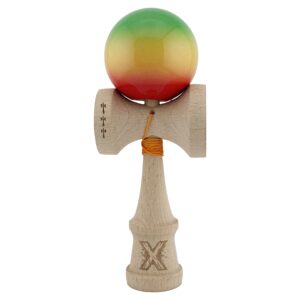 Kendama X Originala, Profesionala, Flippy, Big Cups V2, Super Sticky Cupe Mari, Rulment Metalic cu Ata 55 cm, Verde/Galben/Rosu