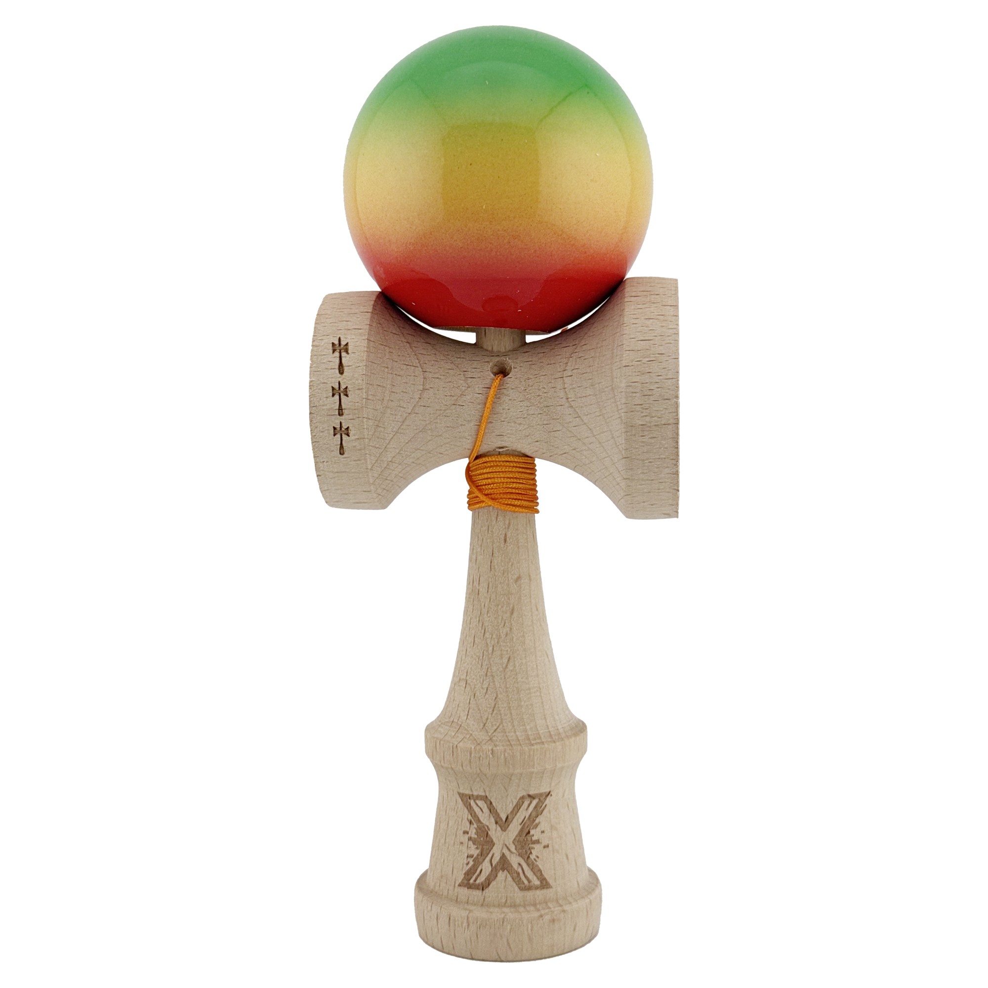 Kendama X Originala, Profesionala, Flippy, Big Cups V2, Super Sticky Cupe Mari, Rulment Metalic cu Ata 55 cm, Verde/Galben/Rosu