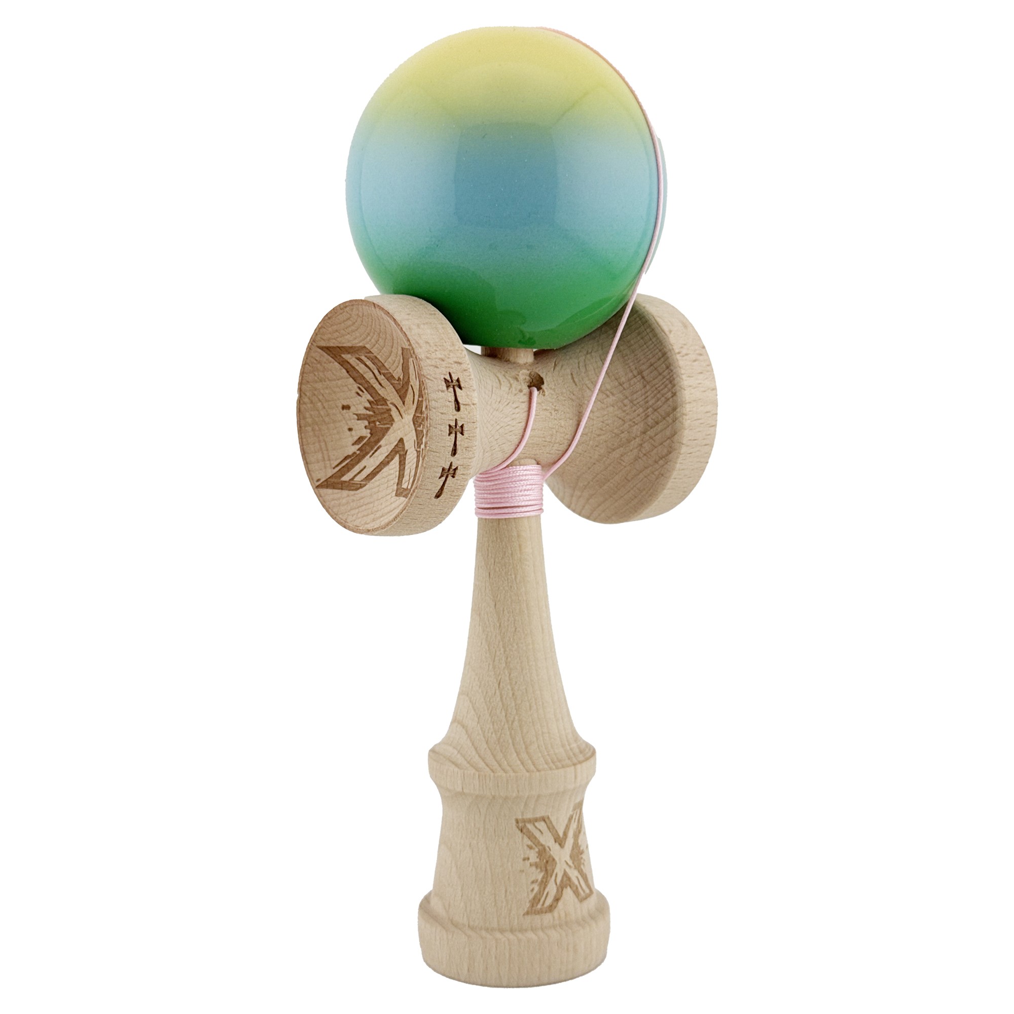 Kendama X Originala, Profesionala, Flippy, Big Cups V2, Super Sticky Cupe Mari, Rulment Metalic cu Ata 55 cm, Galben/Albastru deschis/Verde - imagine 2