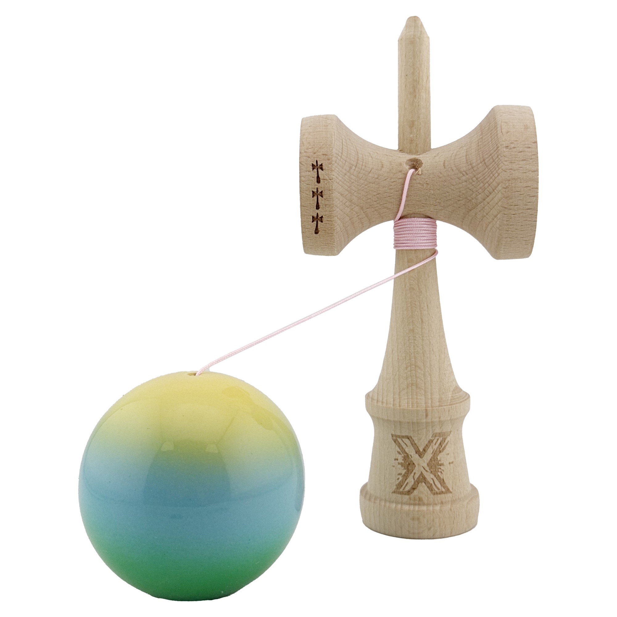 Kendama X Originala, Profesionala, Flippy, Big Cups V2, Super Sticky Cupe Mari, Rulment Metalic cu Ata 55 cm, Galben/Albastru deschis/Verde - imagine 3