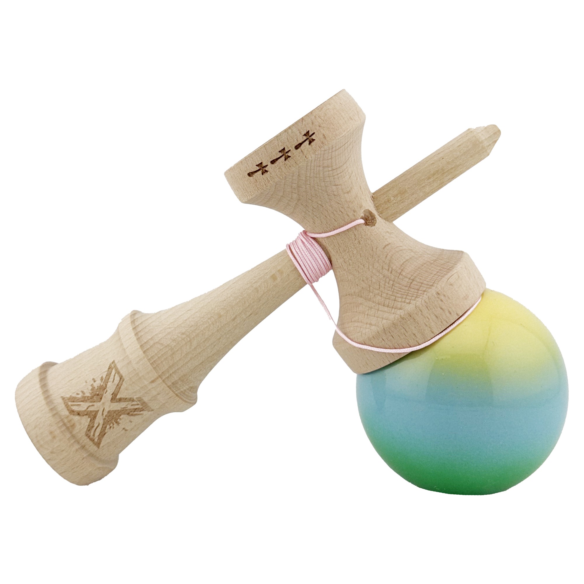 Kendama X Originala, Profesionala, Flippy, Big Cups V2, Super Sticky Cupe Mari, Rulment Metalic cu Ata 55 cm, Galben/Albastru deschis/Verde - imagine 4