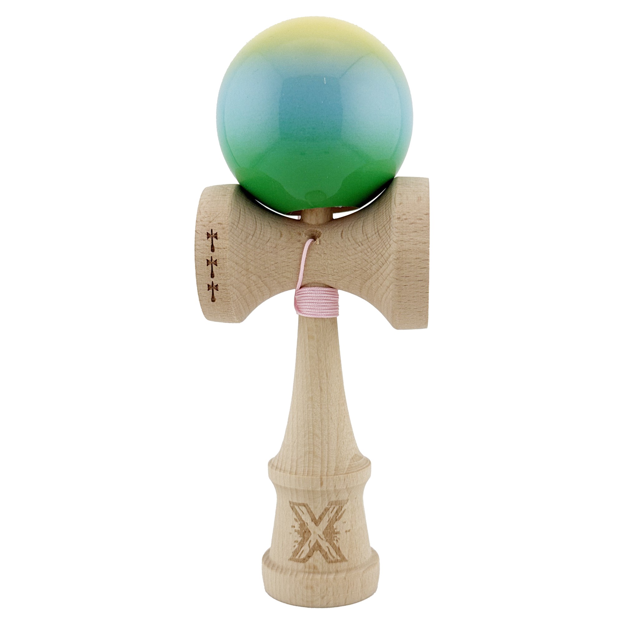 Kendama X Originala, Profesionala, Flippy, Big Cups V2, Super Sticky Cupe Mari, Rulment Metalic cu Ata 55 cm, Galben/Albastru deschis/Verde