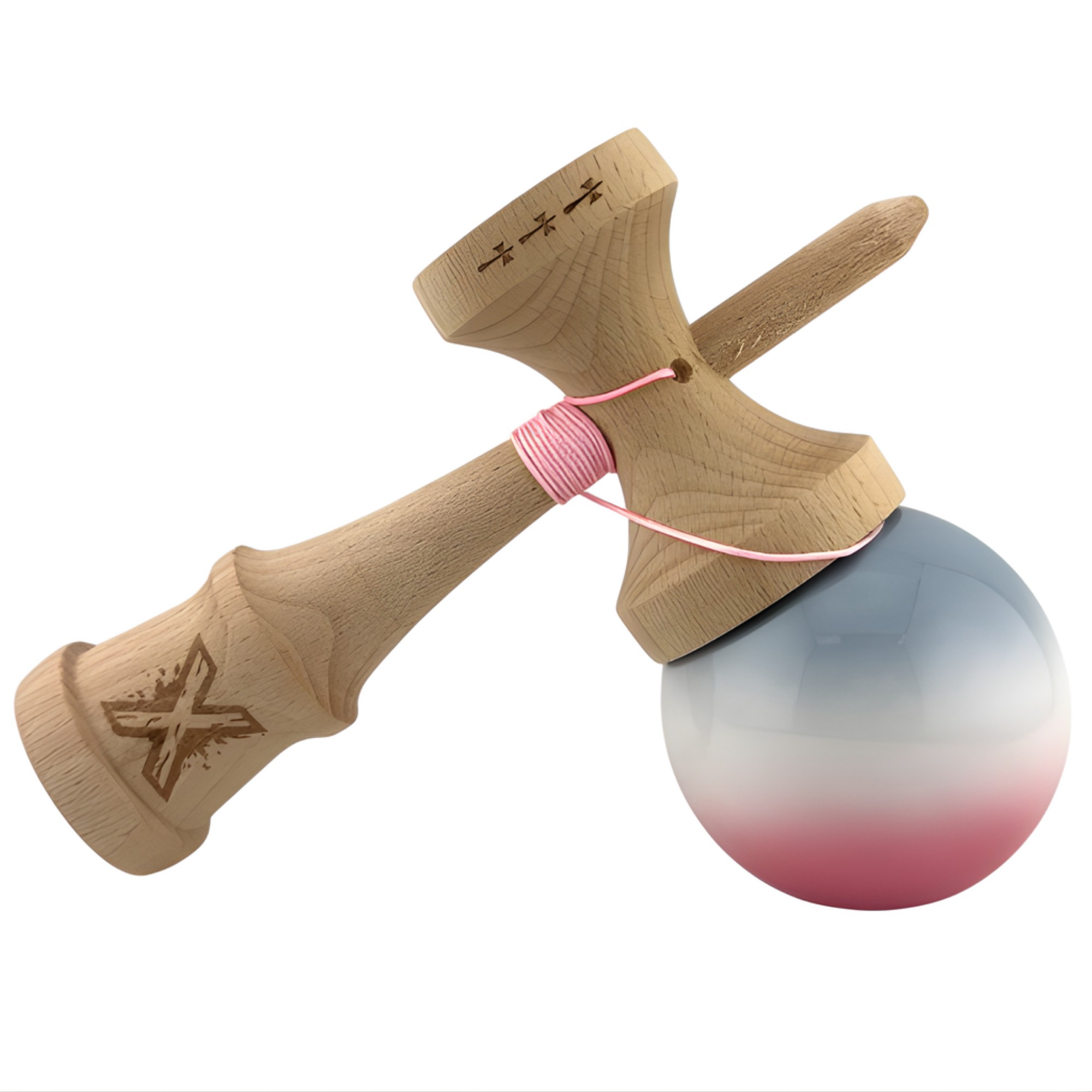Kendama X Originala, Profesionala, Flippy, Big Cups V2, Super Sticky Cupe Mari, Rulment Metalic cu Ata 55 cm, Gradient Roz/Alb/Gri - imagine 2