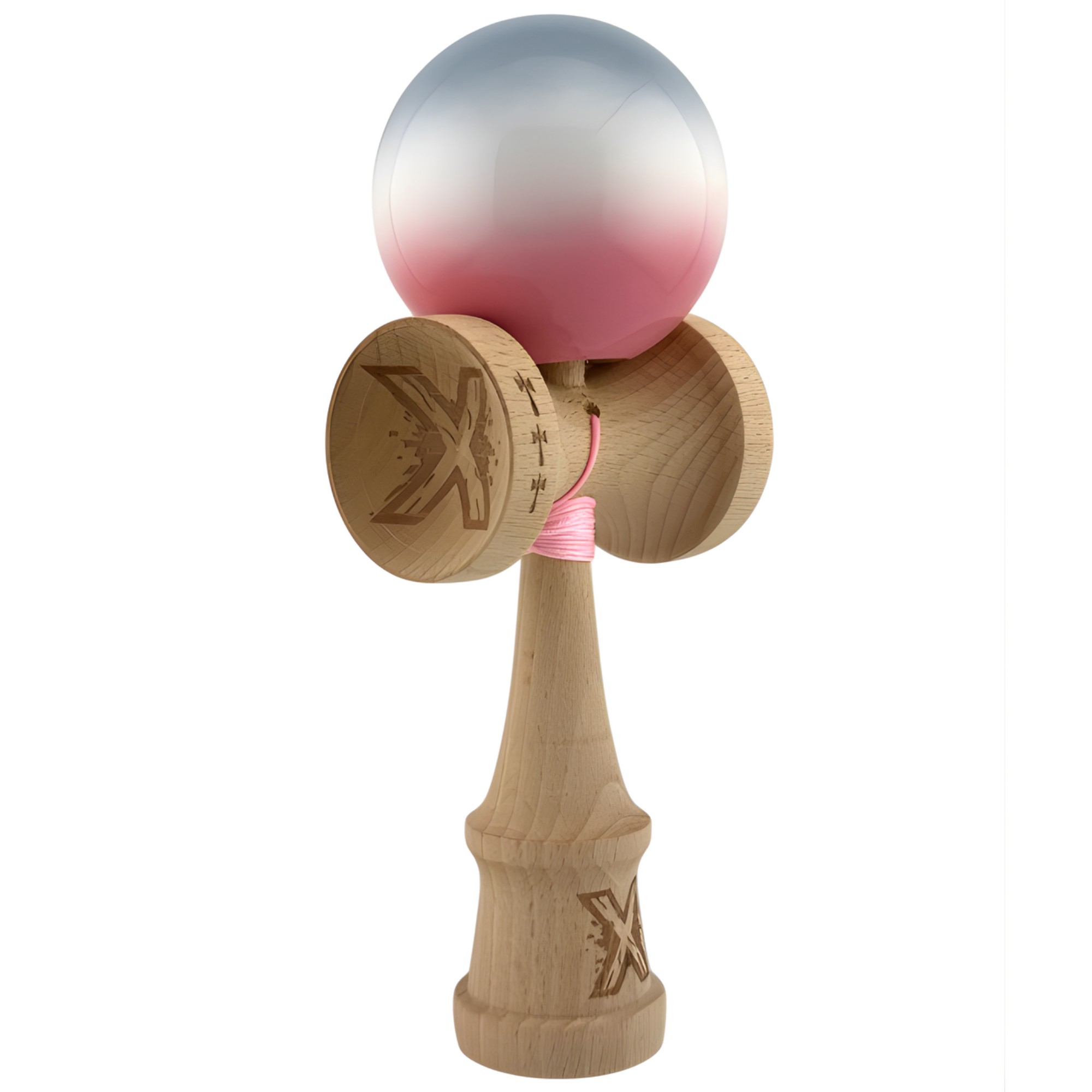 Kendama X Originala, Profesionala, Flippy, Big Cups V2, Super Sticky Cupe Mari, Rulment Metalic cu Ata 55 cm, Gradient Roz/Alb/Gri - imagine 3