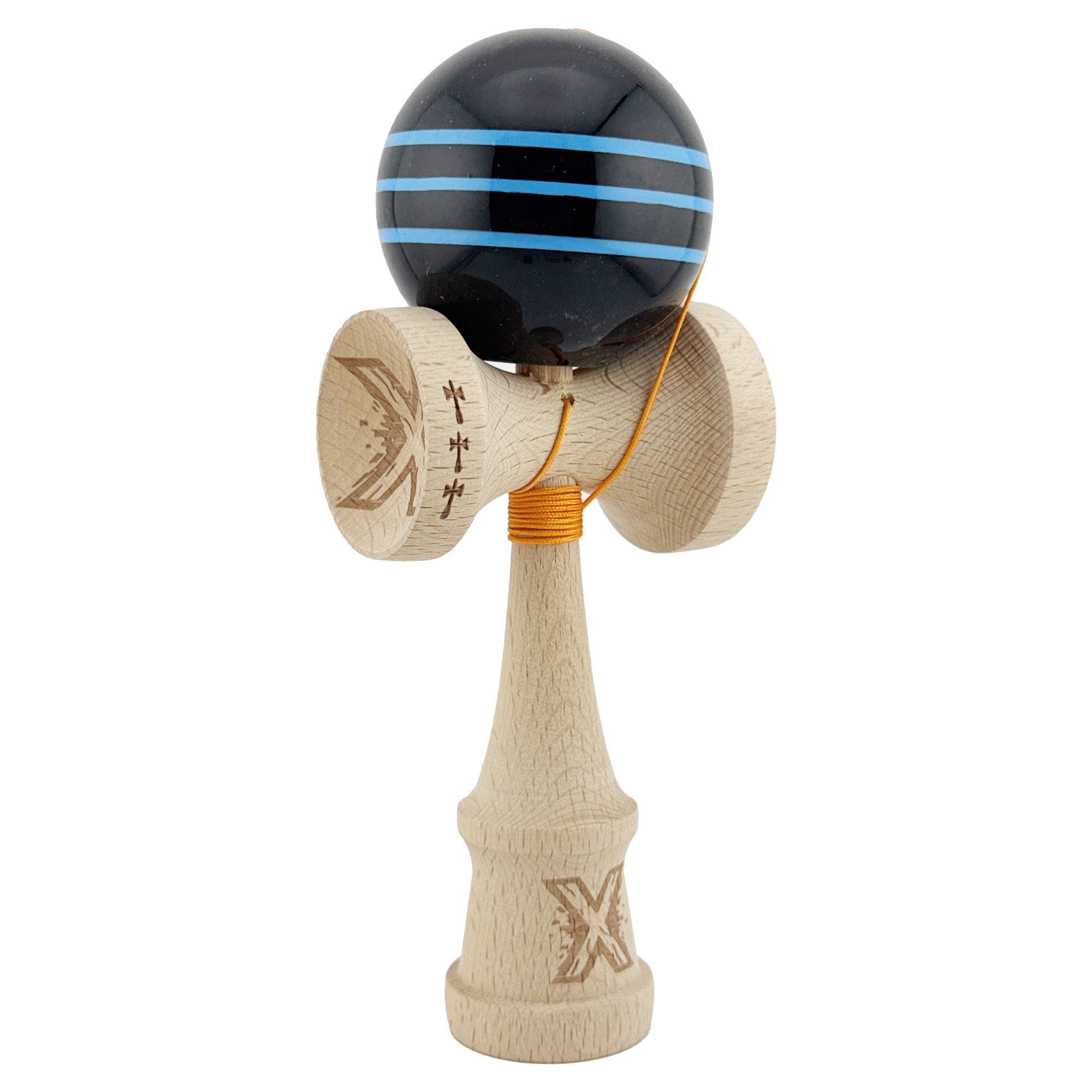 Kendama X Originala, Profesionala, Flippy, Big Cups V2, Super Sticky Legendary Cupe Mari, Rulment Metalic cu Ata 55 cm, Negru/Linii Albastre deschise - imagine 2