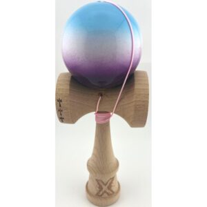Kendama X Originala, Profesionala, Flippy, Big Cups V2, Super Sticky, Rulment Metalic cu Ata 55 cm, Albastru/Alb/Mov