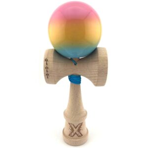 Kendama X Originala, Profesionala, Flippy, Big Cups V2, Super Sticky, Rulment Metalic cu Ata 55 cm, Roz/Galben/Albastru