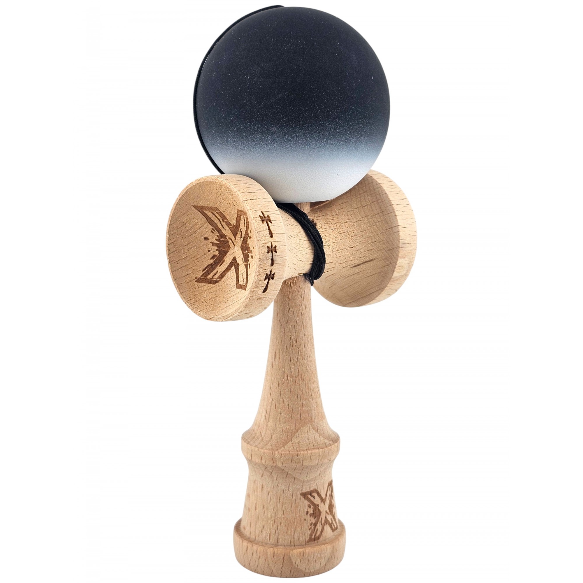 Kendama X Originala, Profesionala, Flippy, Big Cups V2, Rubber Grip cu Cupe Mari, Rulment Metalic cu Ata 55 cm, Gradient Alb/Negru - imagine 2