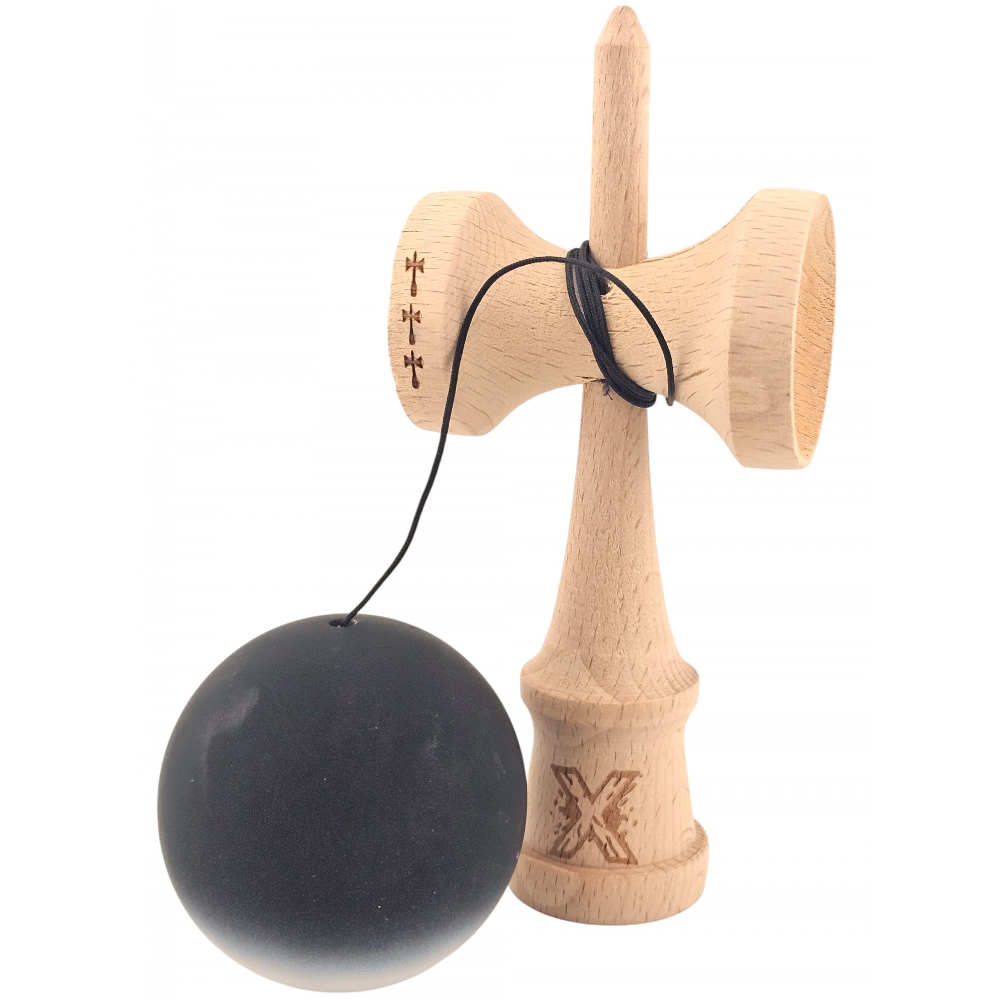Kendama X Originala, Profesionala, Flippy, Big Cups V2, Rubber Grip cu Cupe Mari, Rulment Metalic cu Ata 55 cm, Gradient Alb/Negru - imagine 3