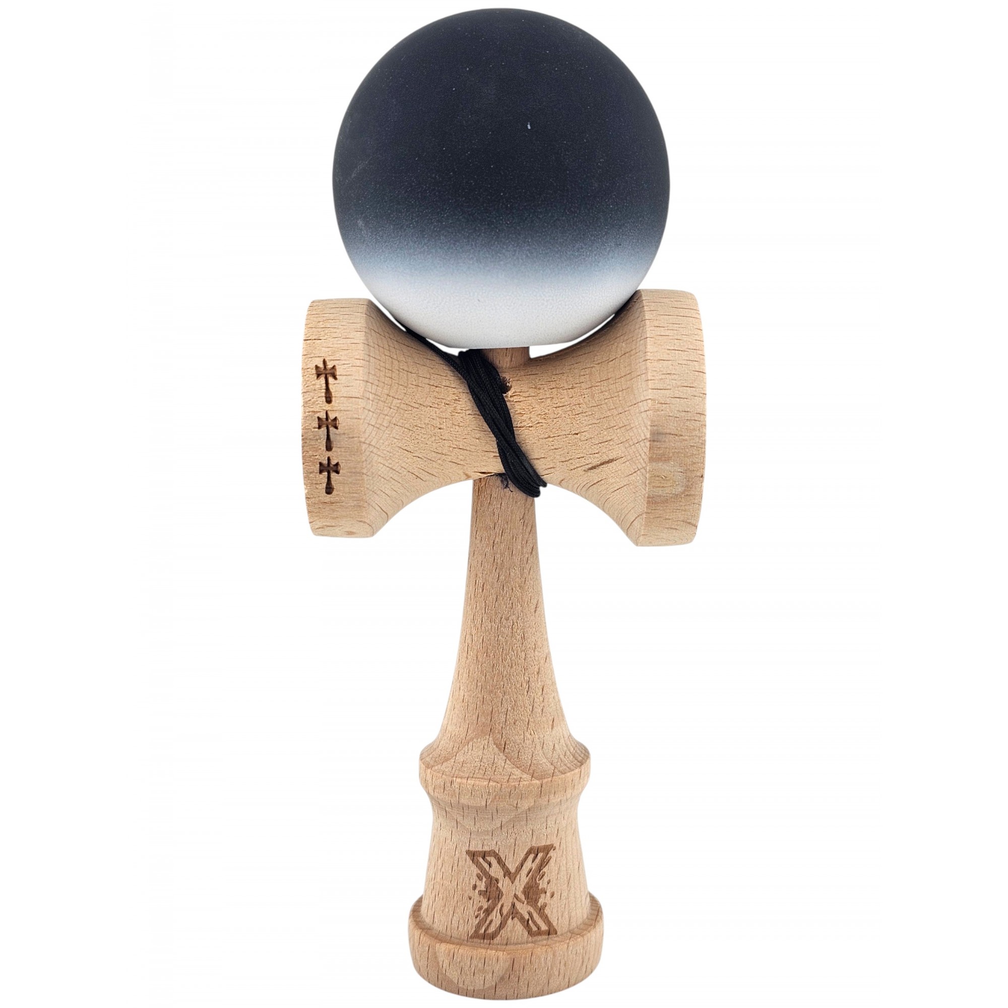 Kendama X Originala, Profesionala, Flippy, Big Cups V2, Rubber Grip cu Cupe Mari, Rulment Metalic cu Ata 55 cm, Gradient Alb/Negru