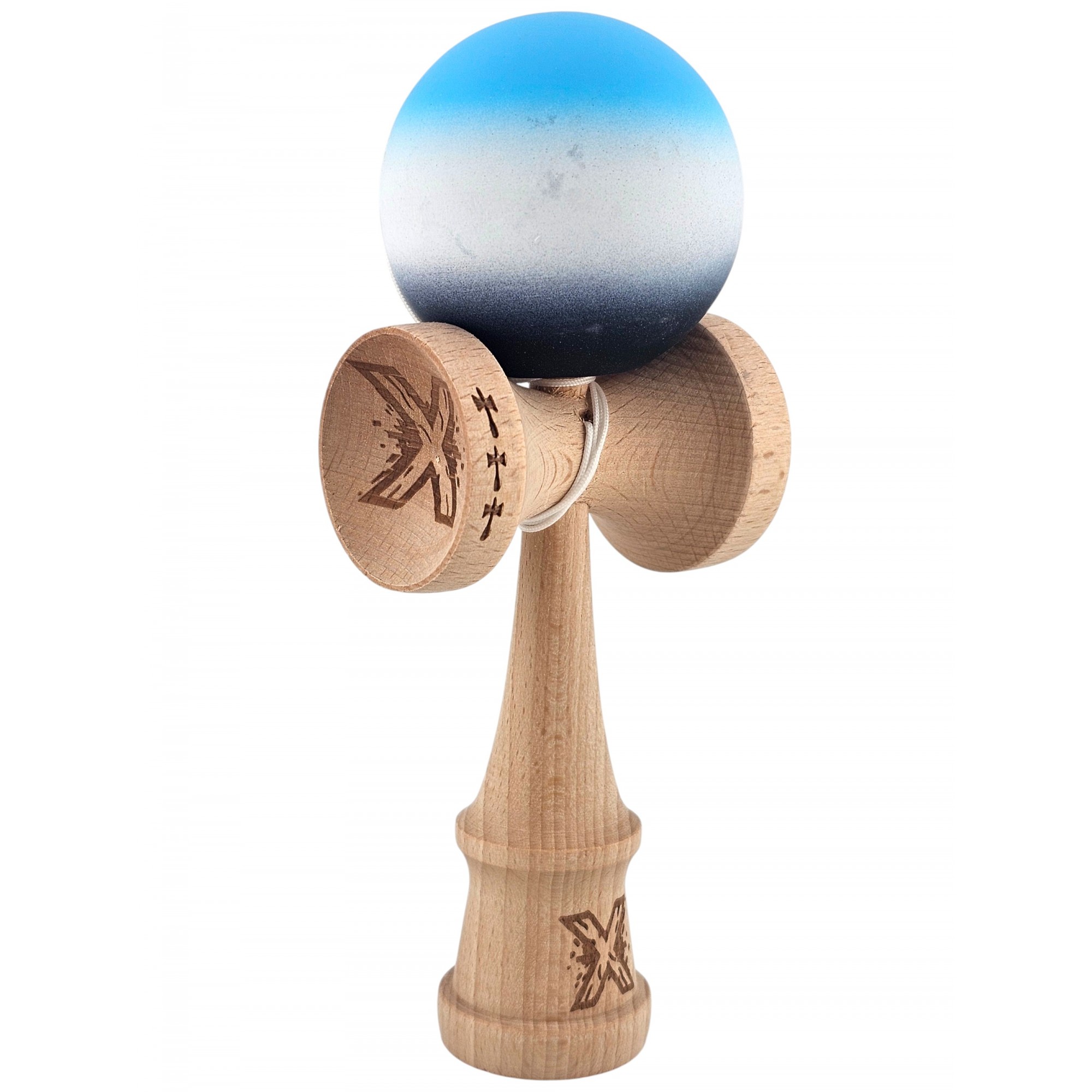 Kendama X Originala, Profesionala, Flippy, Big Cups V2, Rubber Grip cu Cupe Mari, Rulment Metalic cu Ata 55 cm, Gradient Albastru/Alb/Negru - imagine 2