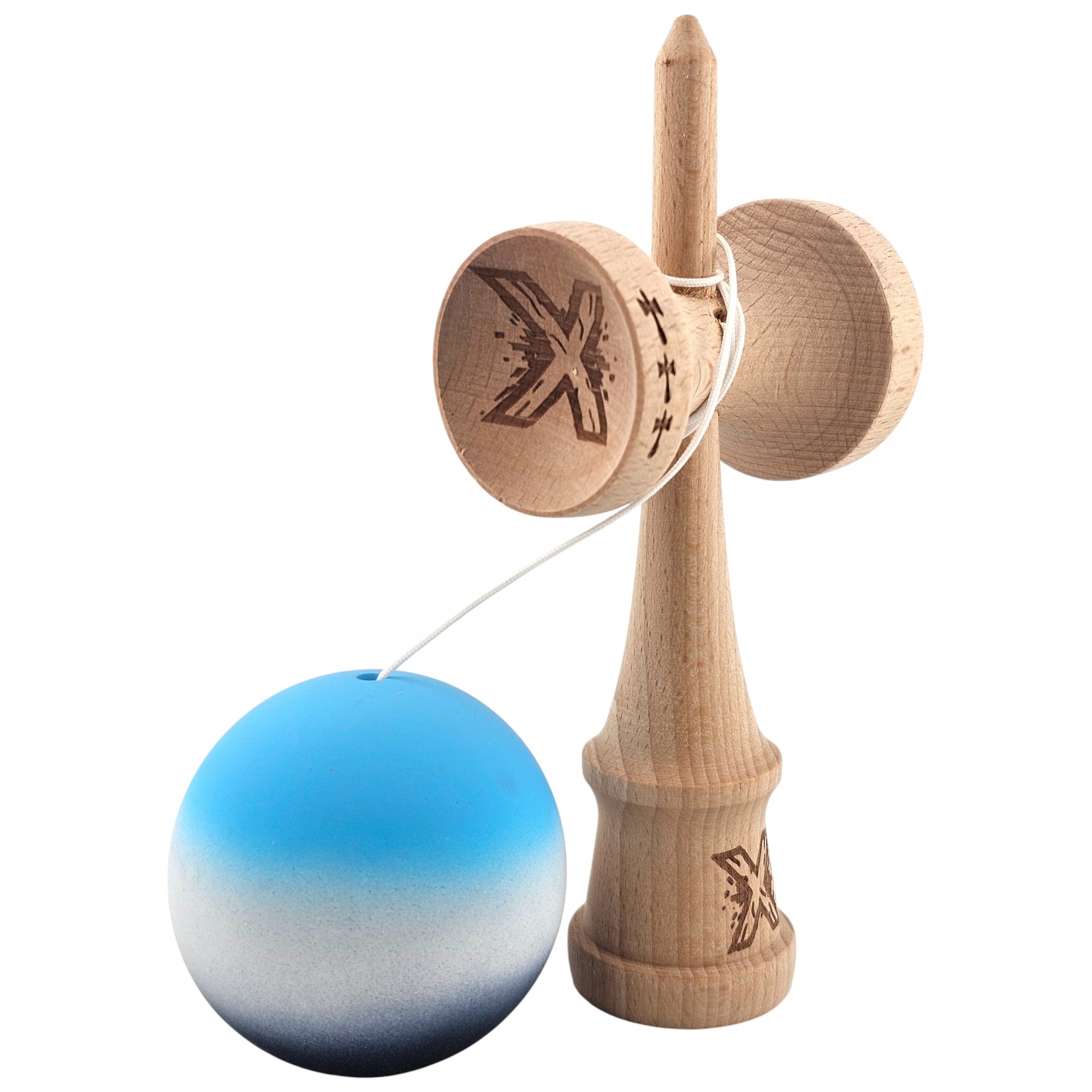 Kendama X Originala, Profesionala, Flippy, Big Cups V2, Rubber Grip cu Cupe Mari, Rulment Metalic cu Ata 55 cm, Gradient Albastru/Alb/Negru - imagine 3