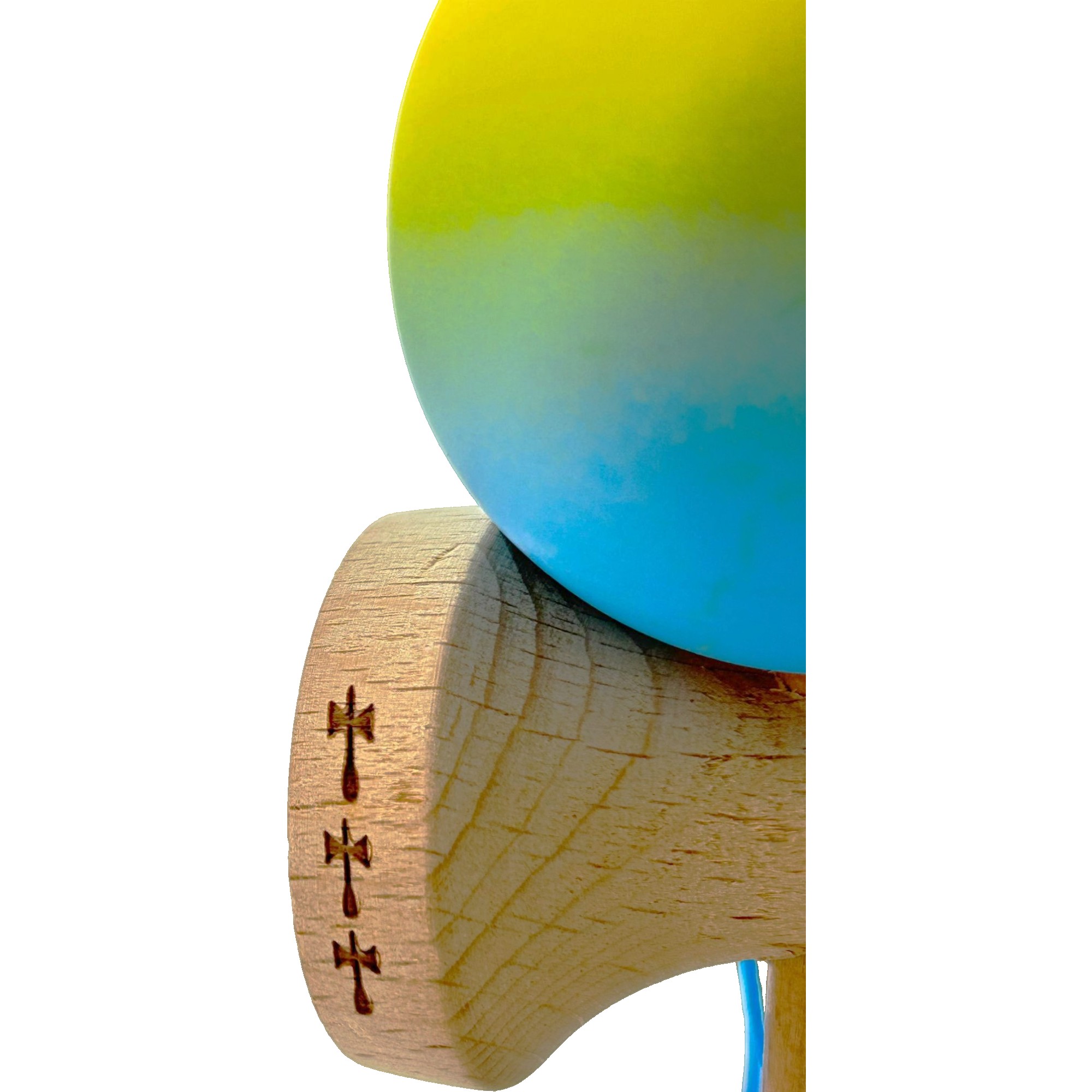 Kendama X Originala, Profesionala, Flippy, Big Cups V2, Rubber Grip cu Cupe Mari, Rulment Metalic cu Ata 55 cm, Gradient Galben/Albastru - imagine 4