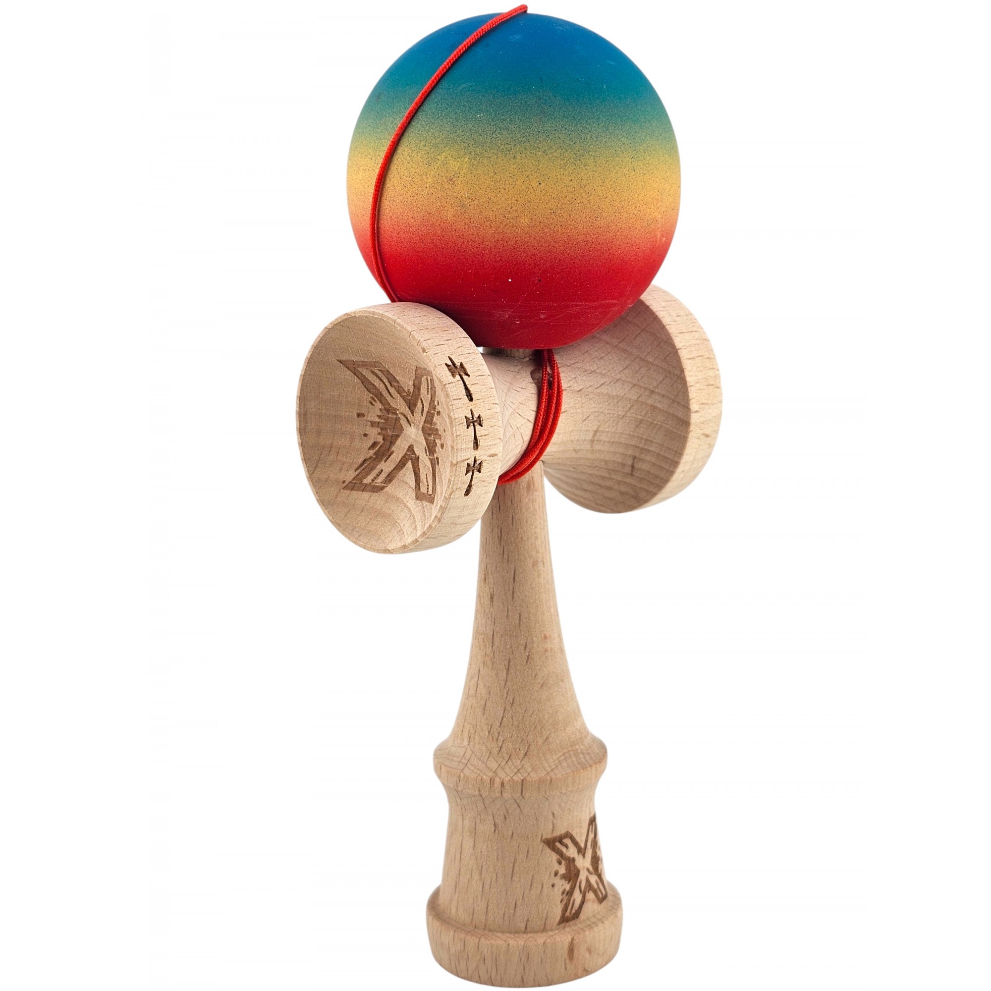 Kendama X Originala, Profesionala, Flippy, Big Cups V2, Rubber Grip cu Cupe Mari, Rulment Metalic cu Ata 55 cm, Gradient Albastru/Galben/Rosu - imagine 2