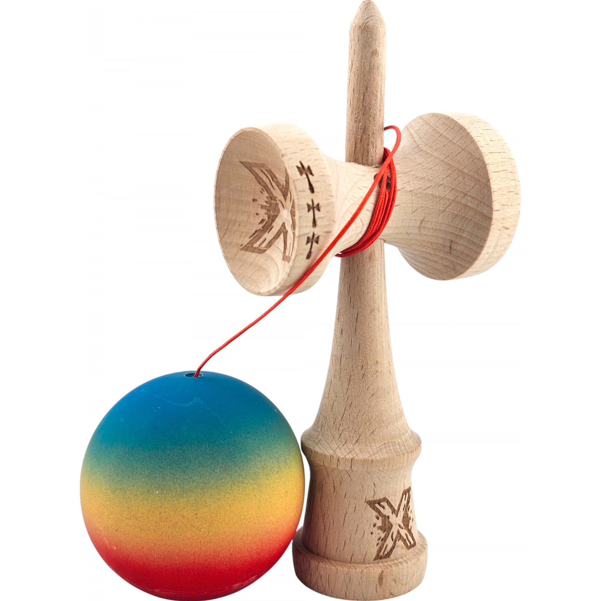 Kendama X Originala, Profesionala, Flippy, Big Cups V2, Rubber Grip cu Cupe Mari, Rulment Metalic cu Ata 55 cm, Gradient Albastru/Galben/Rosu - imagine 3