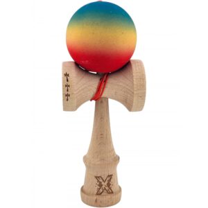 Kendama X Originala, Profesionala, Flippy, Big Cups V2, Rubber Grip cu Cupe Mari, Rulment Metalic cu Ata 55 cm, Gradient Albastru/Galben/Rosu