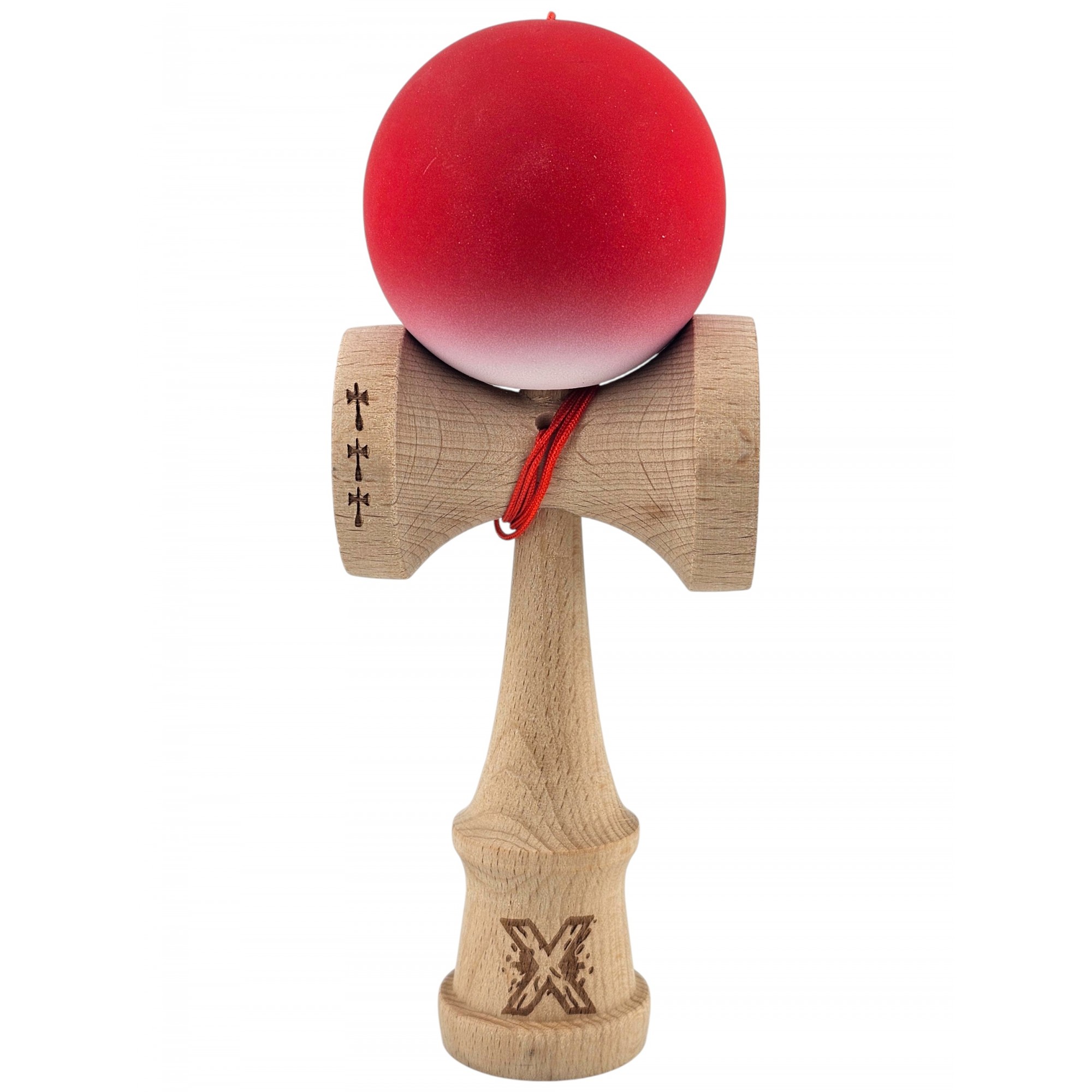 Kendama X Originala, Profesionala, Flippy, Big Cups V2, Rubber Grip cu Cupe Mari, Rulment Metalic cu Ata 55 cm, Gradient Rosu/Alb