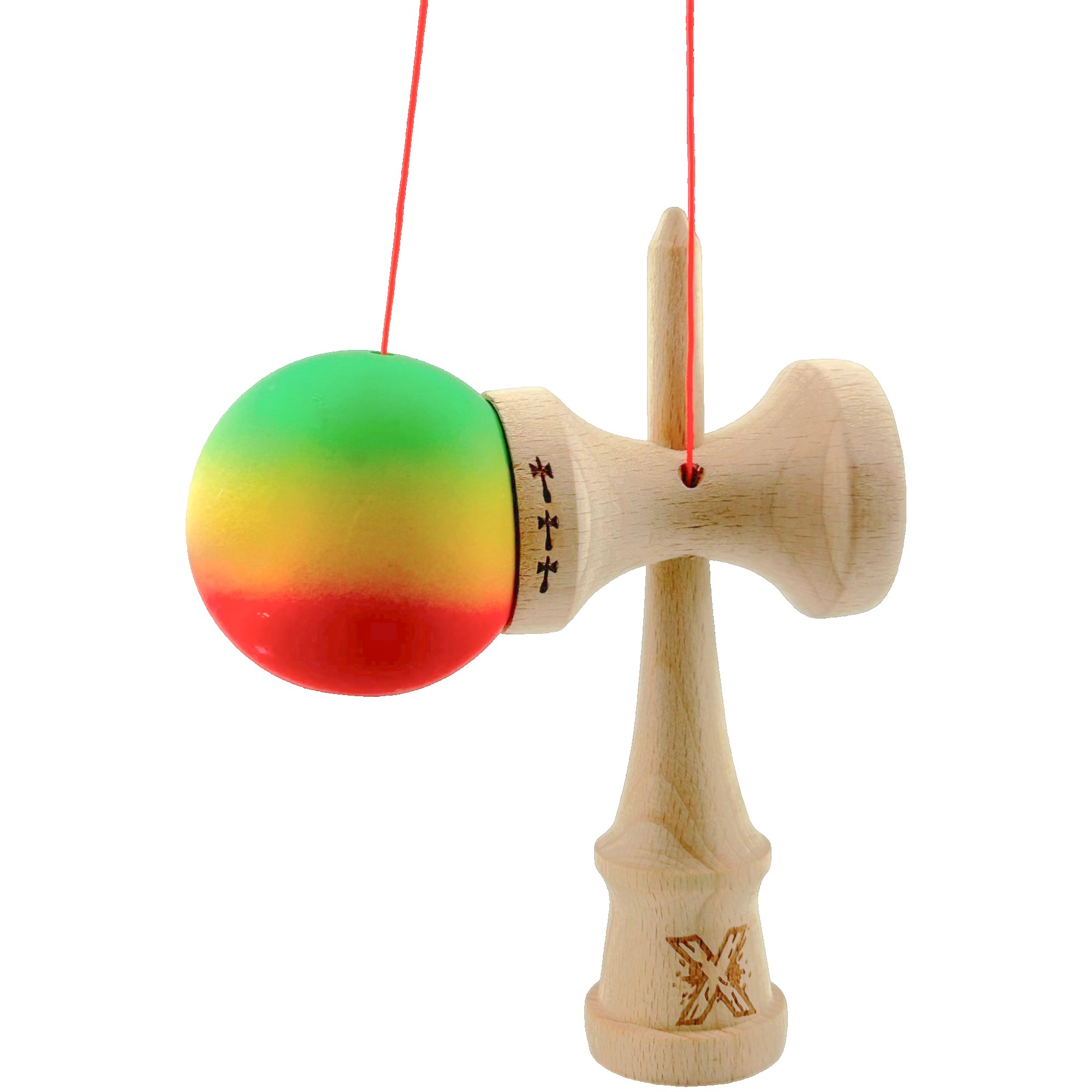 Kendama X Originala, Profesionala, Flippy, Big Cups V2, Rubber Grip cu Cupe Mari, Rulment Metalic cu Ata 55 cm, Verde/Galben/Rosu - imagine 4