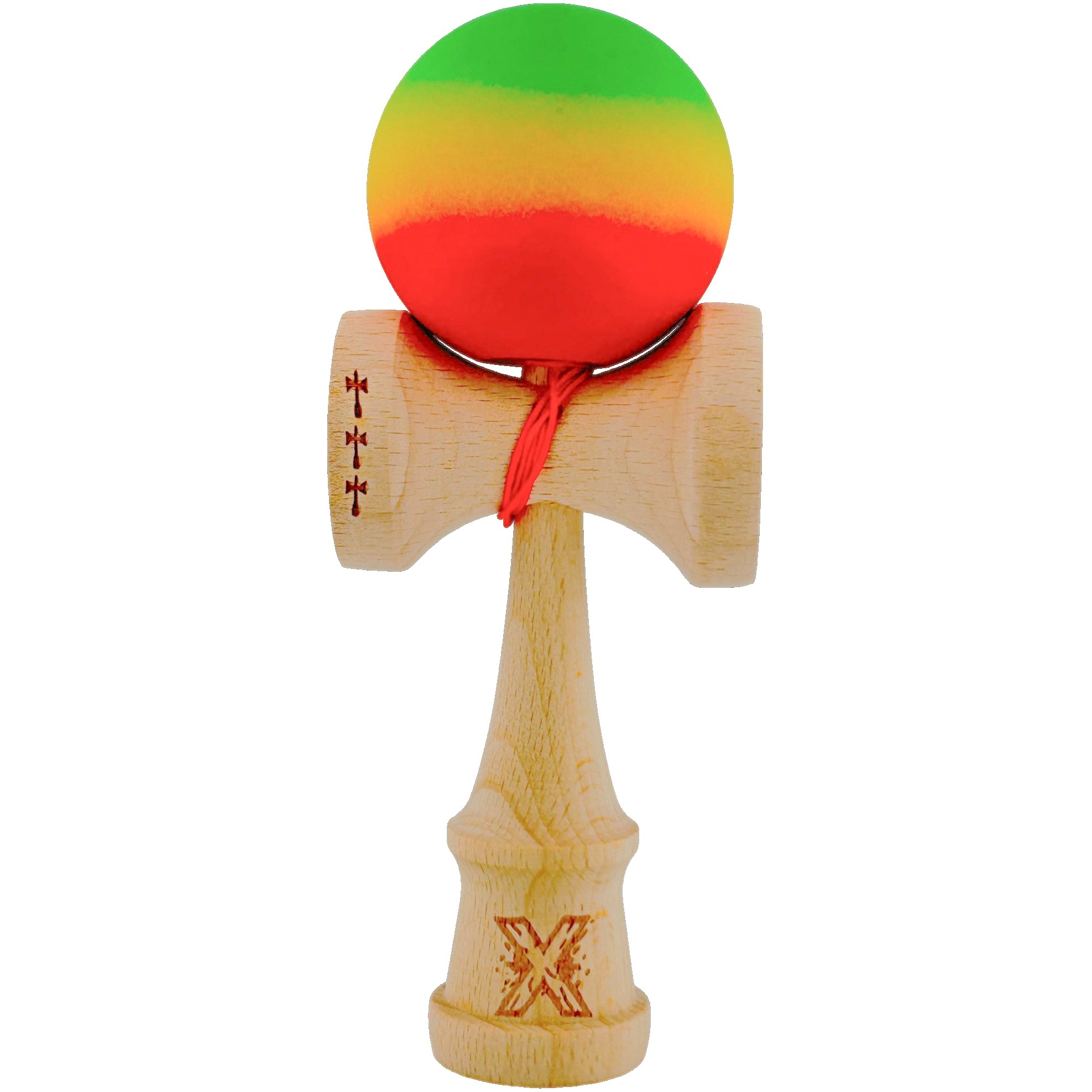 Kendama X Originala, Profesionala, Flippy, Big Cups V2, Rubber Grip cu Cupe Mari, Rulment Metalic cu Ata 55 cm, Verde/Galben/Rosu