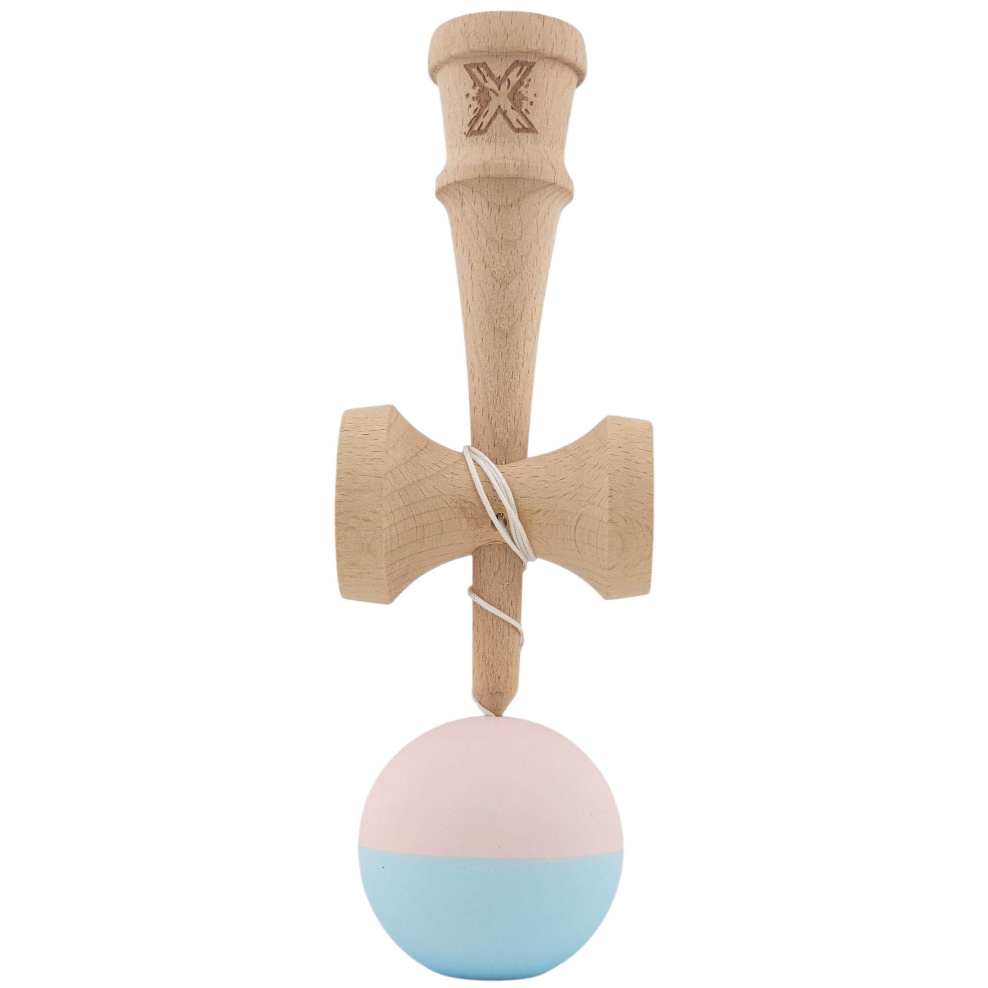 Kendama X Originala, Profesionala, Flippy, din lemn, Rubber Grip, 18 cm, Roz/Albastru - imagine 2