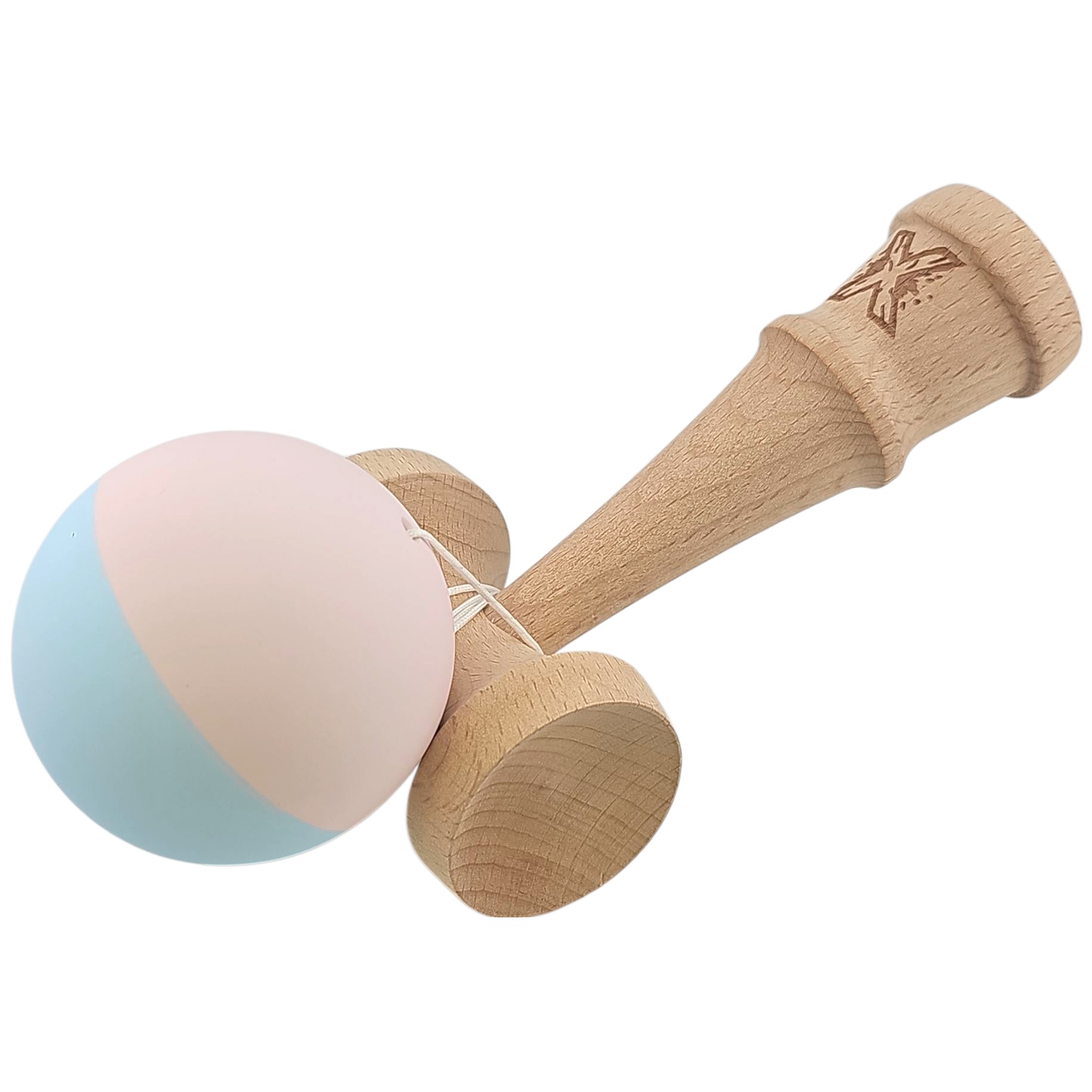 Kendama X Originala, Profesionala, Flippy, din lemn, Rubber Grip, 18 cm, Roz/Albastru - imagine 4