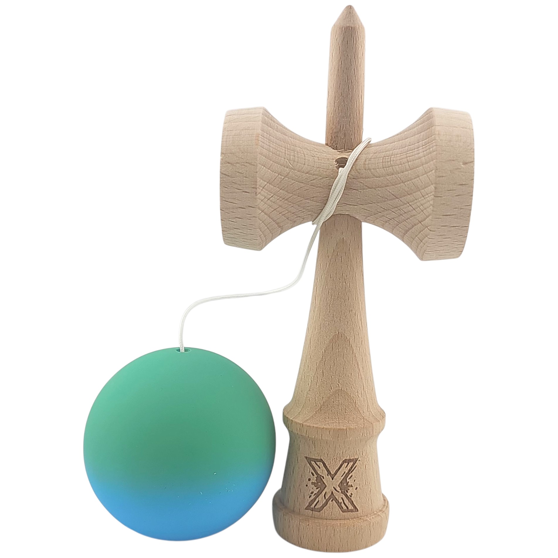 Kendama X Originala, Profesionala, Flippy, din Lemn, Rubber Grip, 18 cm, Verde/Albastru - imagine 2