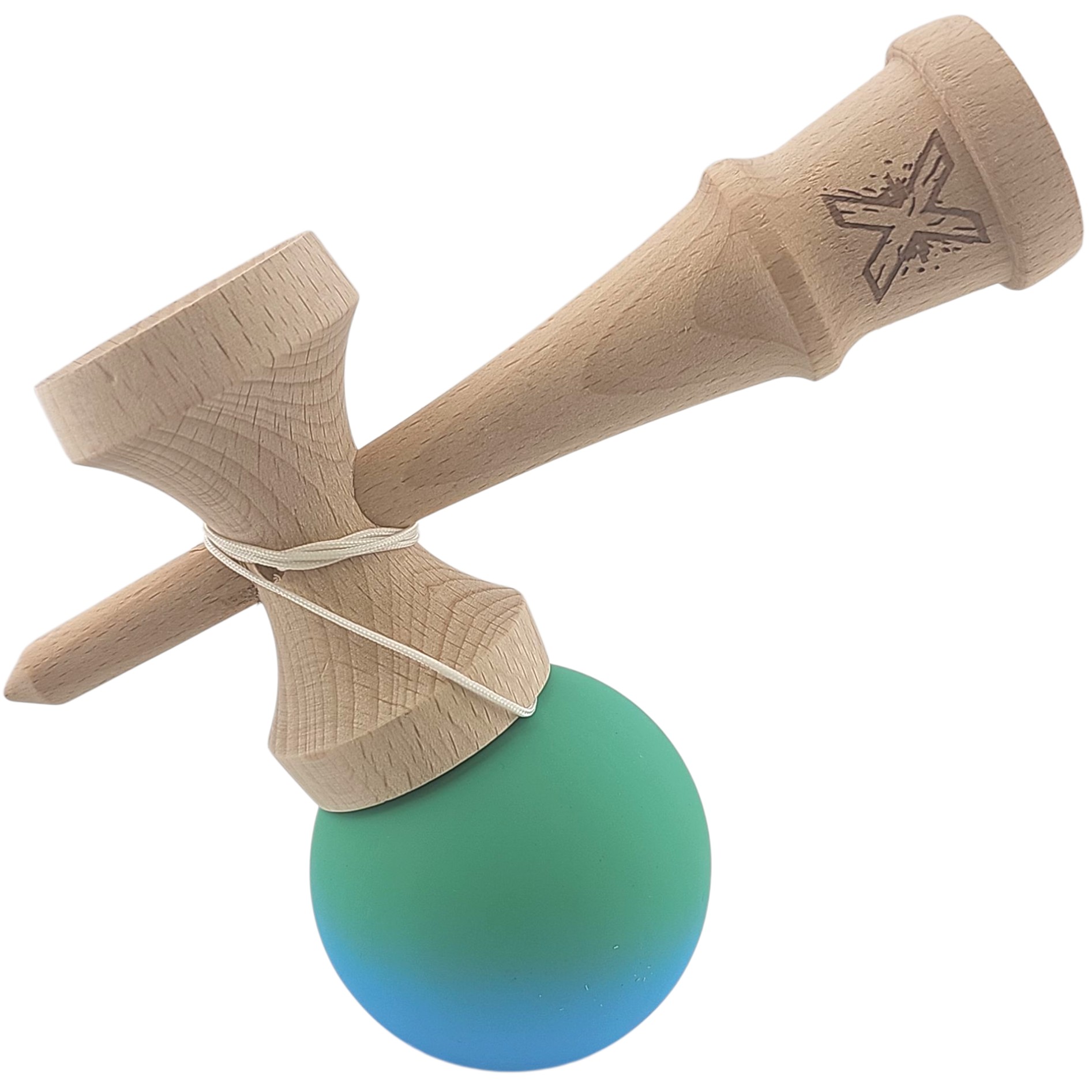 Kendama X Originala, Profesionala, Flippy, din Lemn, Rubber Grip, 18 cm, Verde/Albastru - imagine 3