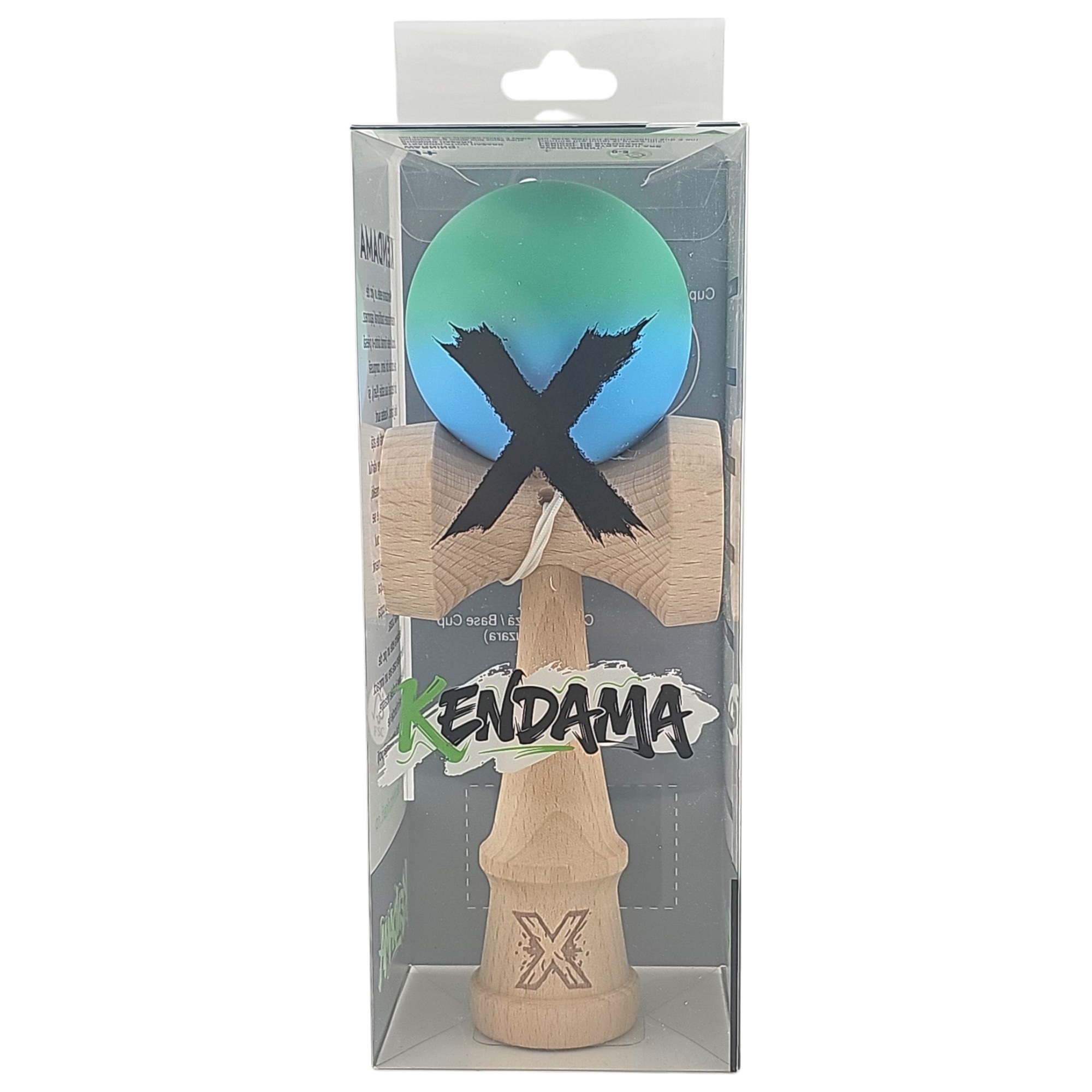 Kendama X Originala, Profesionala, Flippy, din Lemn, Rubber Grip, 18 cm, Verde/Albastru - imagine 4