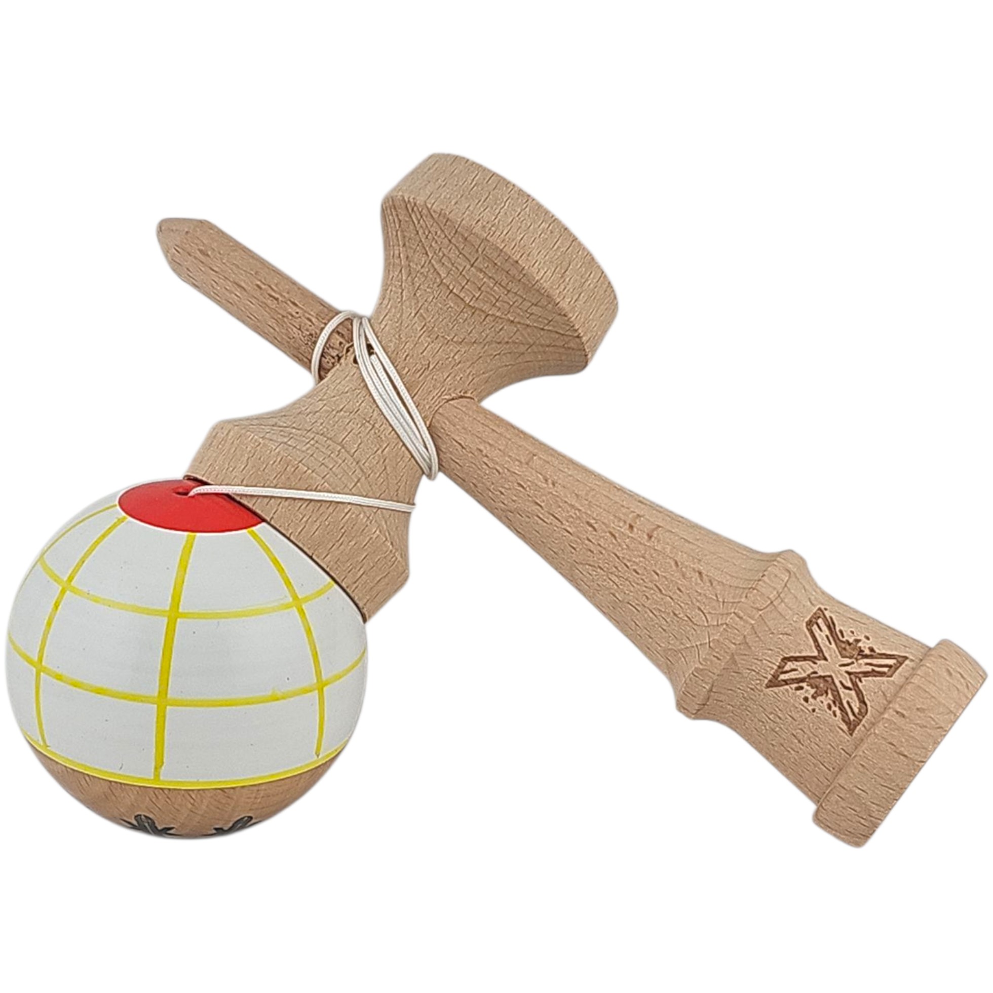 Kendama X Originala, Profesionala, Flippy, din Lemn, Super Sticky, 18 cm, Alb/Galben/Rosu - imagine 3