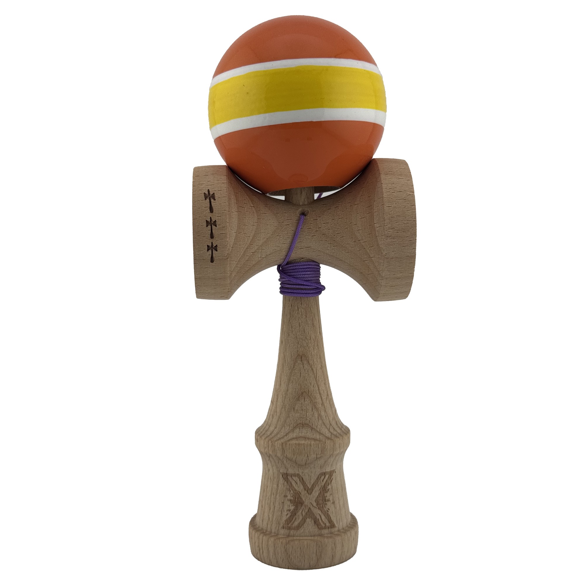 Kendama X Originala, Profesionala, Flippy, Big Cups V2, Super Sticky Legendary Cupe Mari, Rulment Metalic cu Ata 55 cm, Portocaliu/Galben/Alb
