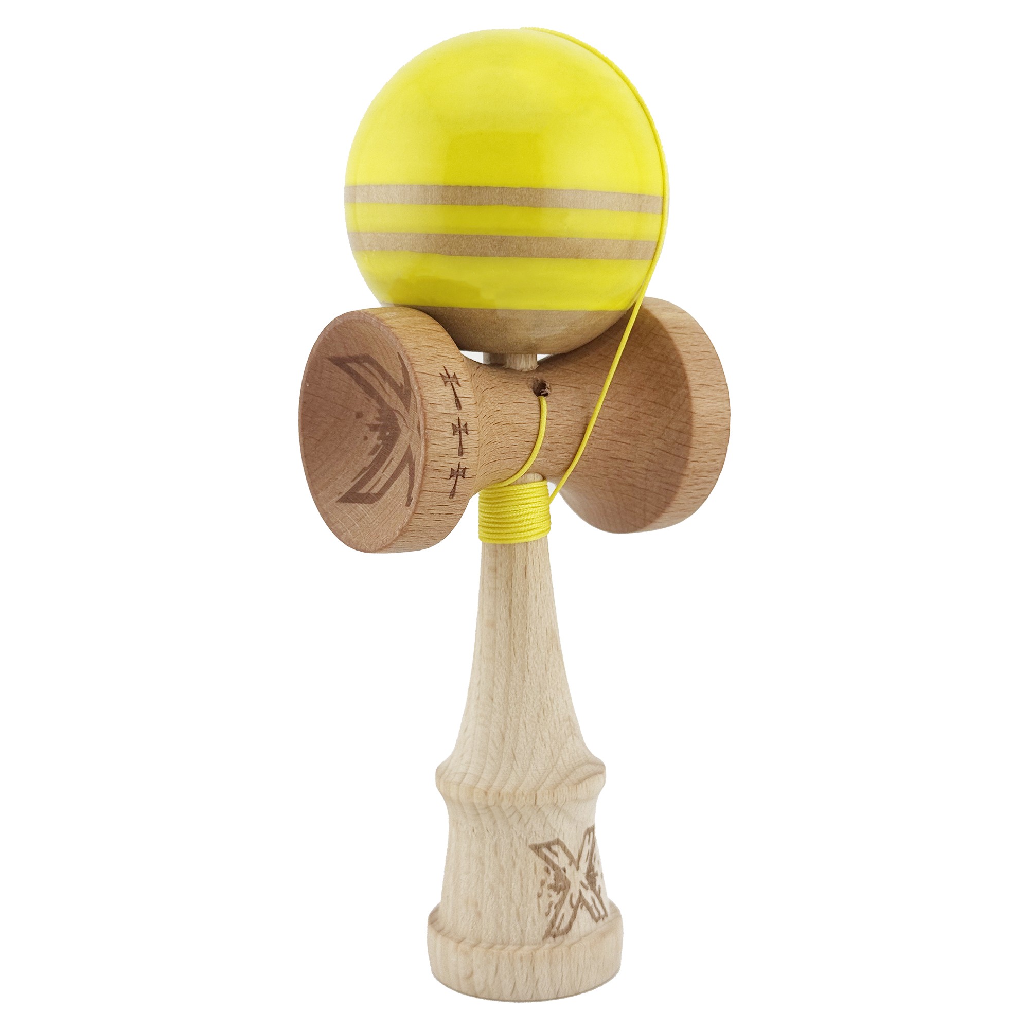 Kendama X Rainbow Originala, Profesionala, Flippy, Big Cups V2, Super Sticky cu Cupe Mari, Rulment Metalic, din lemn 18 cm, Ata 55 cm, Galben/Maro - imagine 2