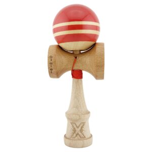 Kendama X Rainbow Originala, Profesionala, Flippy, Big Cups V2, Super Sticky cu Cupe Mari, Rulment Metalic, din lemn 18 cm, Ata 55 cm, Rosu/Maro